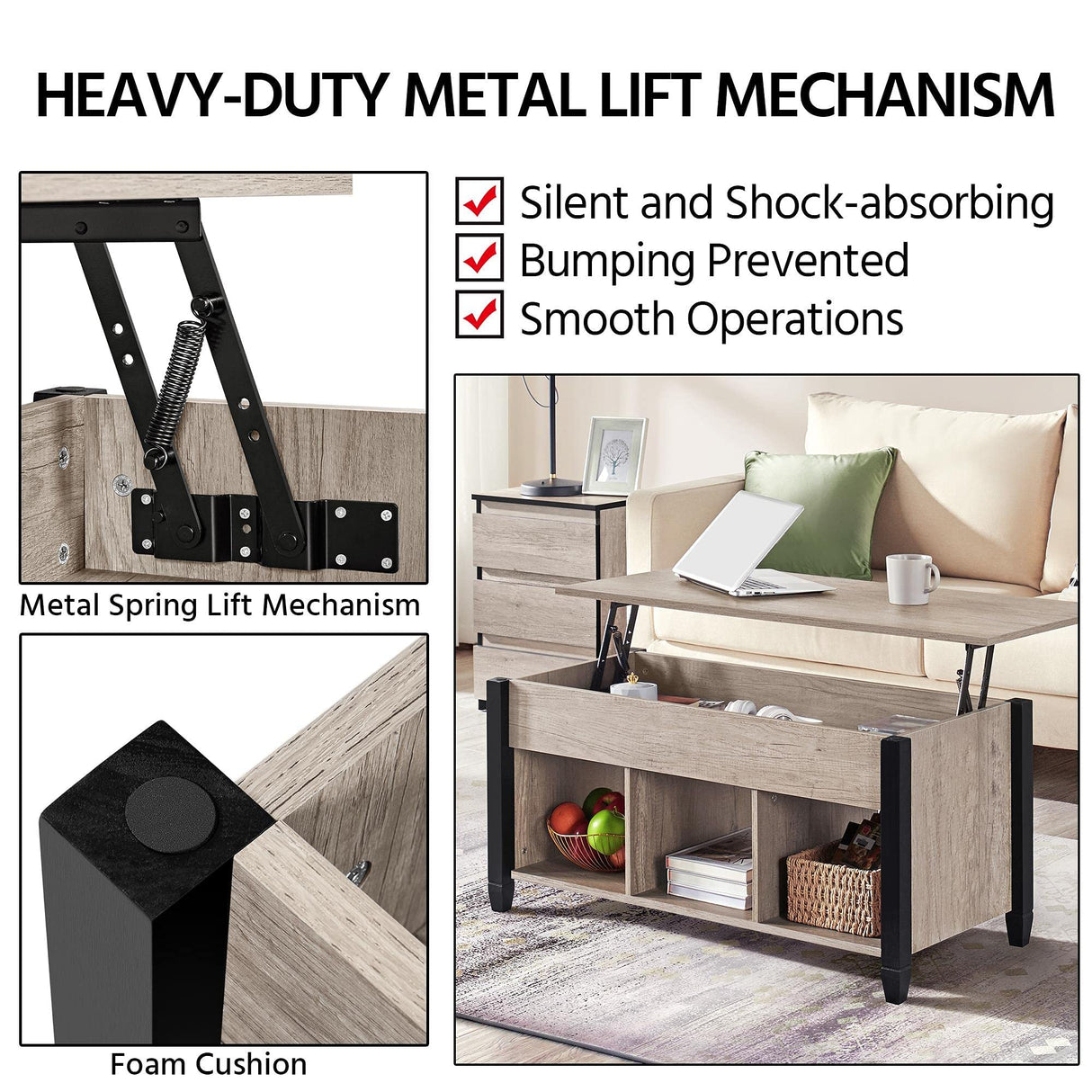 Yaheetech Gray Coffee Table, Lift Top Coffee Table with Hidden Compartment & Shelf, Lift Up Dining Table for Living Room Reception, Retro Central Table with Wooden Lift Tabletop, 41 inch L Yaheetech