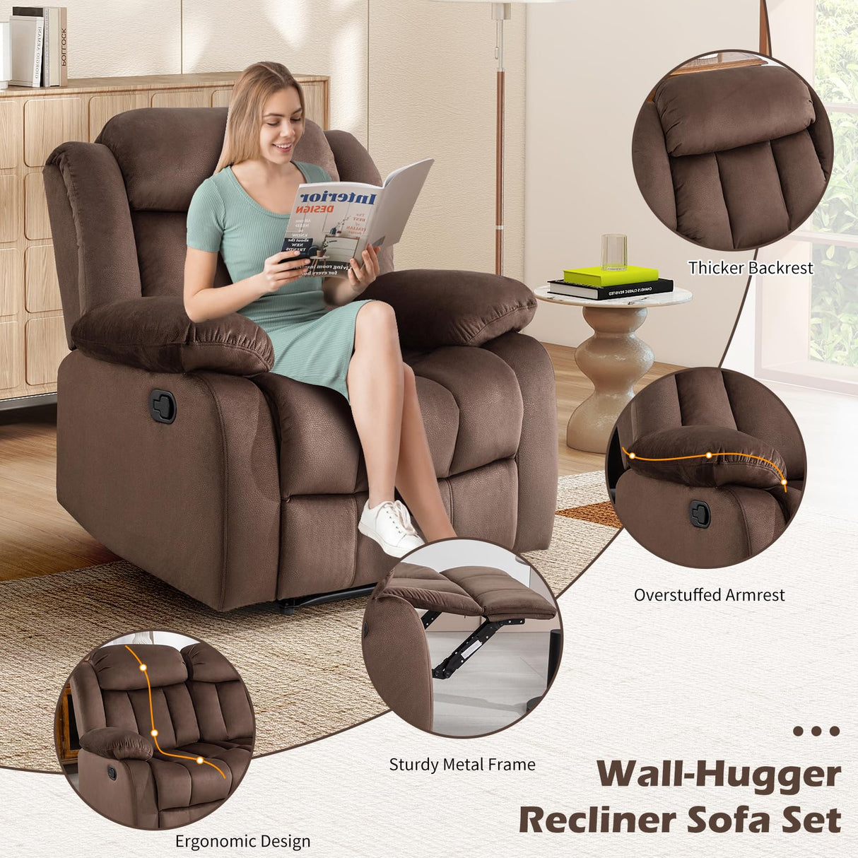 INZOY Manual Recliner Chair with Padded Armrest, Wall-Hugger Single Sofa Recliners with Overstuffed Back, Classical Fabric Reclining Chairs for Living Room Theater Seating, Brown INZOY