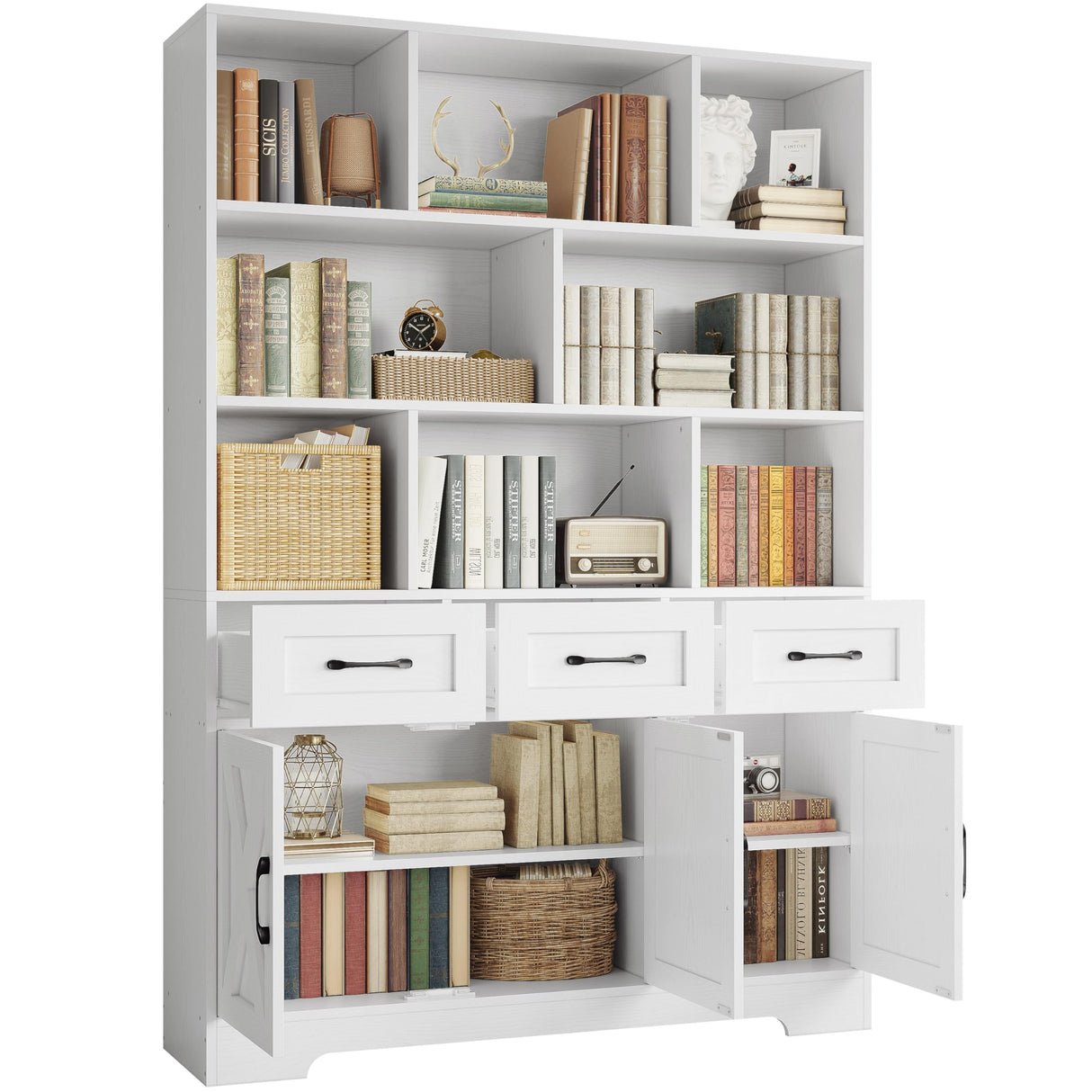 IRONCK Bookshelf with Drawers & Doors, Tall Bookshelf with Storage, Bookcase with Cabinets for Home Office, Living Room, White IRONCK