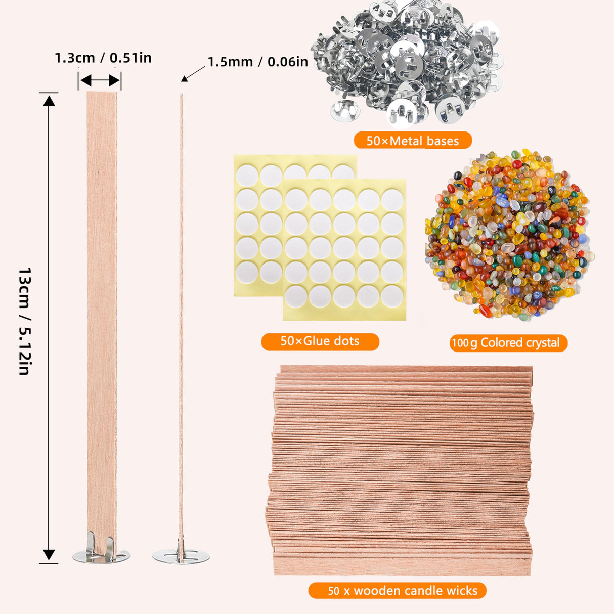 BENIMUS 150 Pcs Wood Candle Wicks Set, 5.1 X 0.5 X 0.06 Inch Naturally Smokeless Wood Wicks for Candle Making, Wooden Wicks with Glue Dot and Colored Crystal for Candle Making BENIMUS