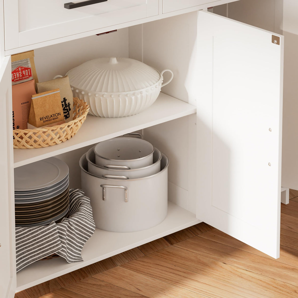 Homhedy Sideboard Buffet Cabinet, Coffee Bar Storage Cabinet with Drawers and Doors, Farmhouse Kitchen Cabinet with Adjustable Shelves, for Kitchen, Dining Room, Living Room, White Homhedy