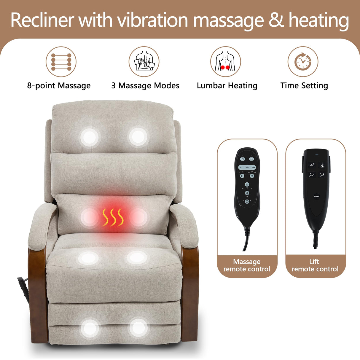 Power Lift Recliner Chair for Elderly People, Dual Motor Lift Chair with Vibration Massage and Heat, Lay Flat Recliner with Solid Wood Armrest, Standing Assistance Reclining, Chenille Fabric Beige EZZUP