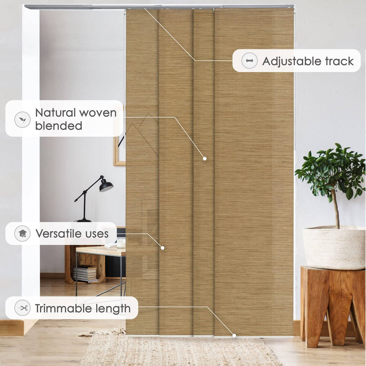 GoDear Design Adjustable Vertical Blinds, 45.8"-86" W, Up to 96" H, Extendable Panel Track for Sliding Closet Doors, Trimmable Woven Panel Curtains, Pecan GoDear Design
