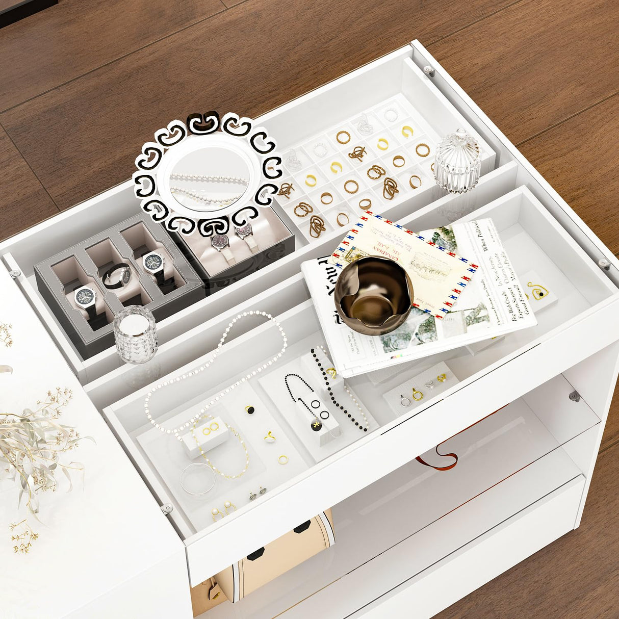 Elegant White Homsee Wardrobe Armoire with Glass Top and 6 Drawers for Stylish Storage Homsee