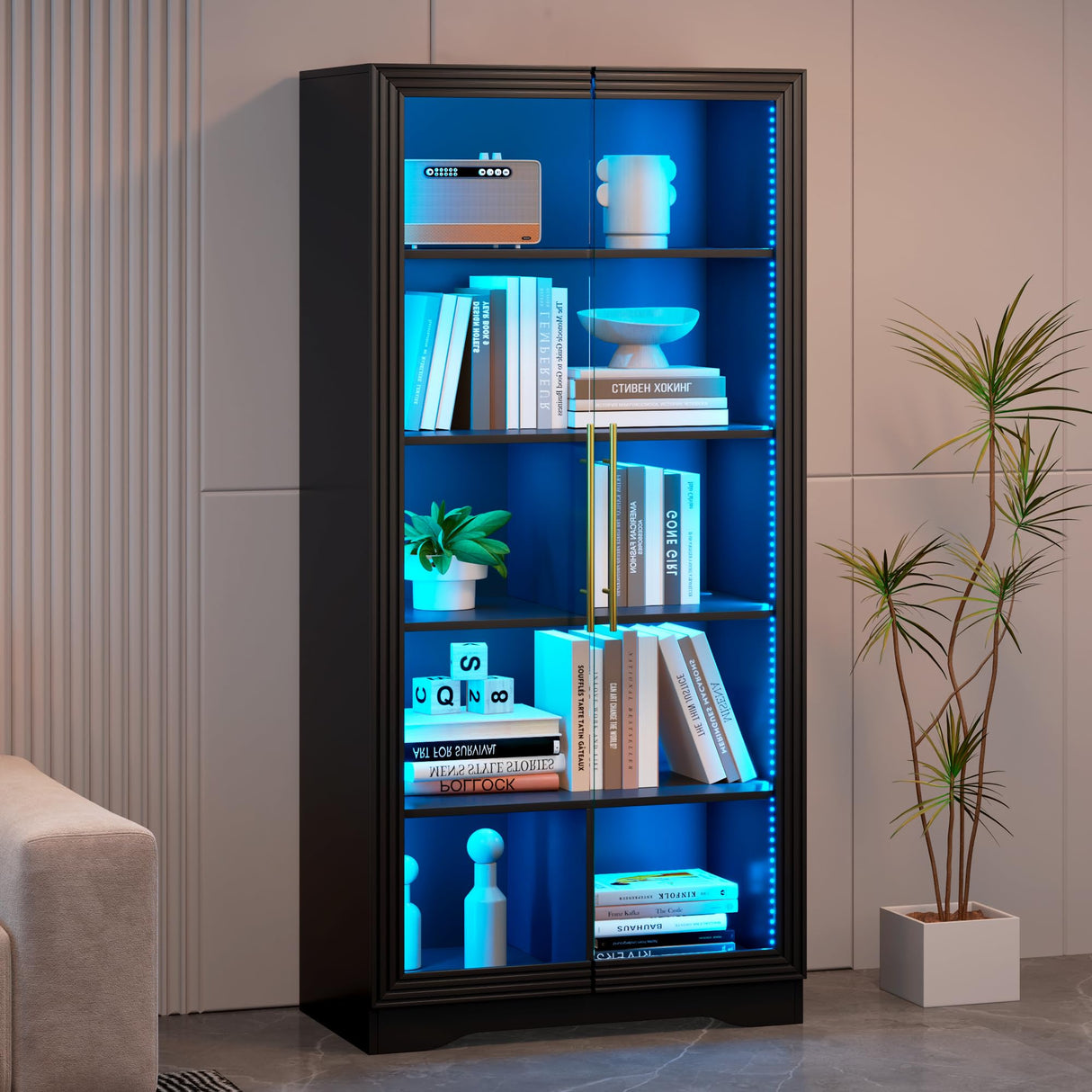 LVSOMT Display Cabinet with Glass Doors, 65" Tall Bookcase with 3 LED Lights/Human Body Sensor, 5 Tier Display Cases for Collectibles, Adjustable Storage Shelves, Home Office, Living Room, Black LVSOMT