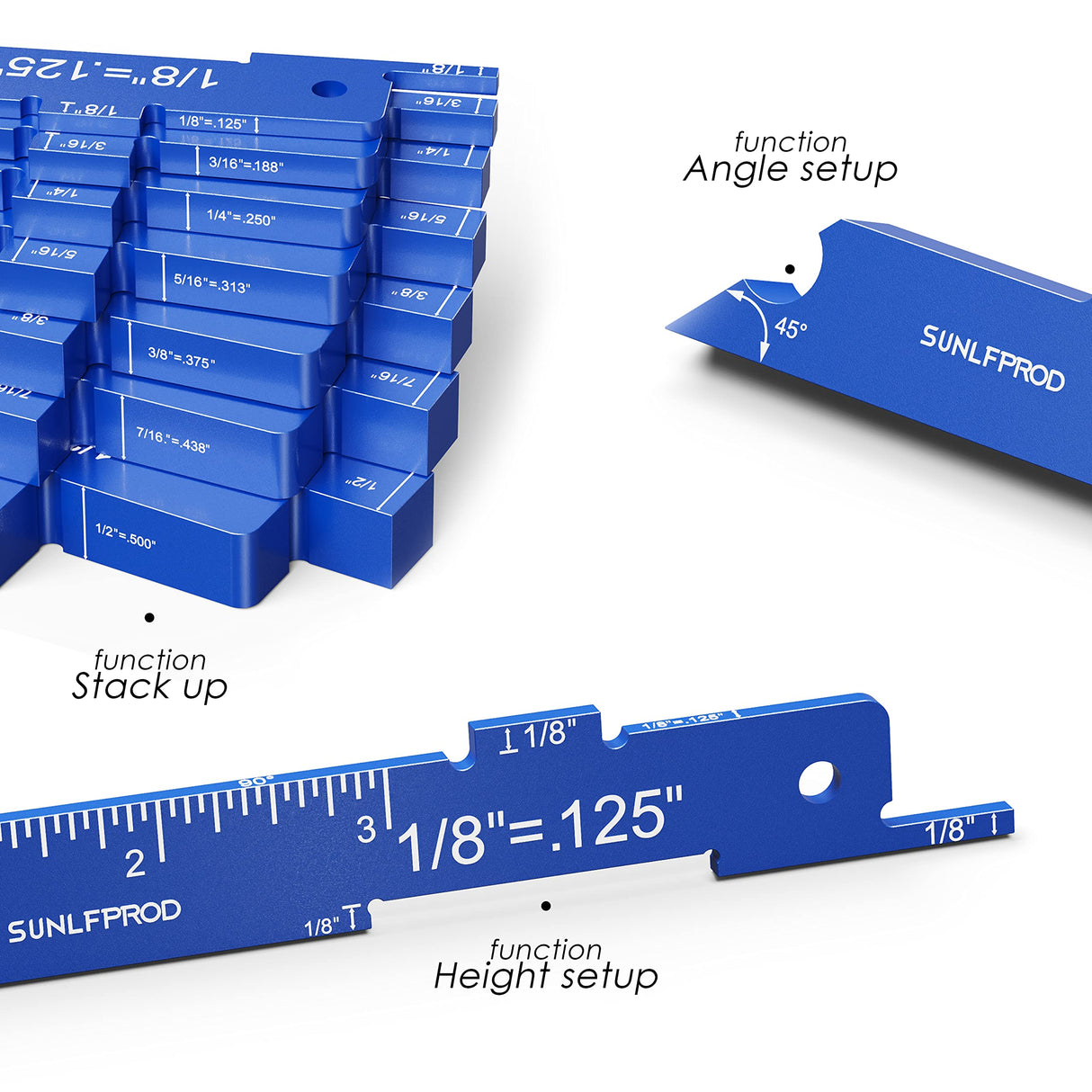 SUNLFPROD Router Table Setup Bars 7pcs Aluminum Precision Router Setup Blocks Woodworking & Setup Bars for Routers Tables Saw Accessory, Measuring Thickness, Depth Height Angle Drill Diameter Gauge SUNLFPROD