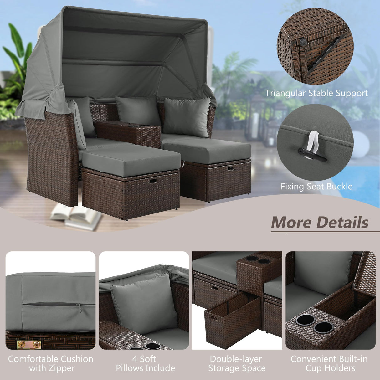 Merax Patio Outdoor Loveseat Sofa Double Daybed Set, 2-Seater with Foldable Awning+Cushions+4 Pillows, for Garden, Balcony, Poolside, Grey Merax