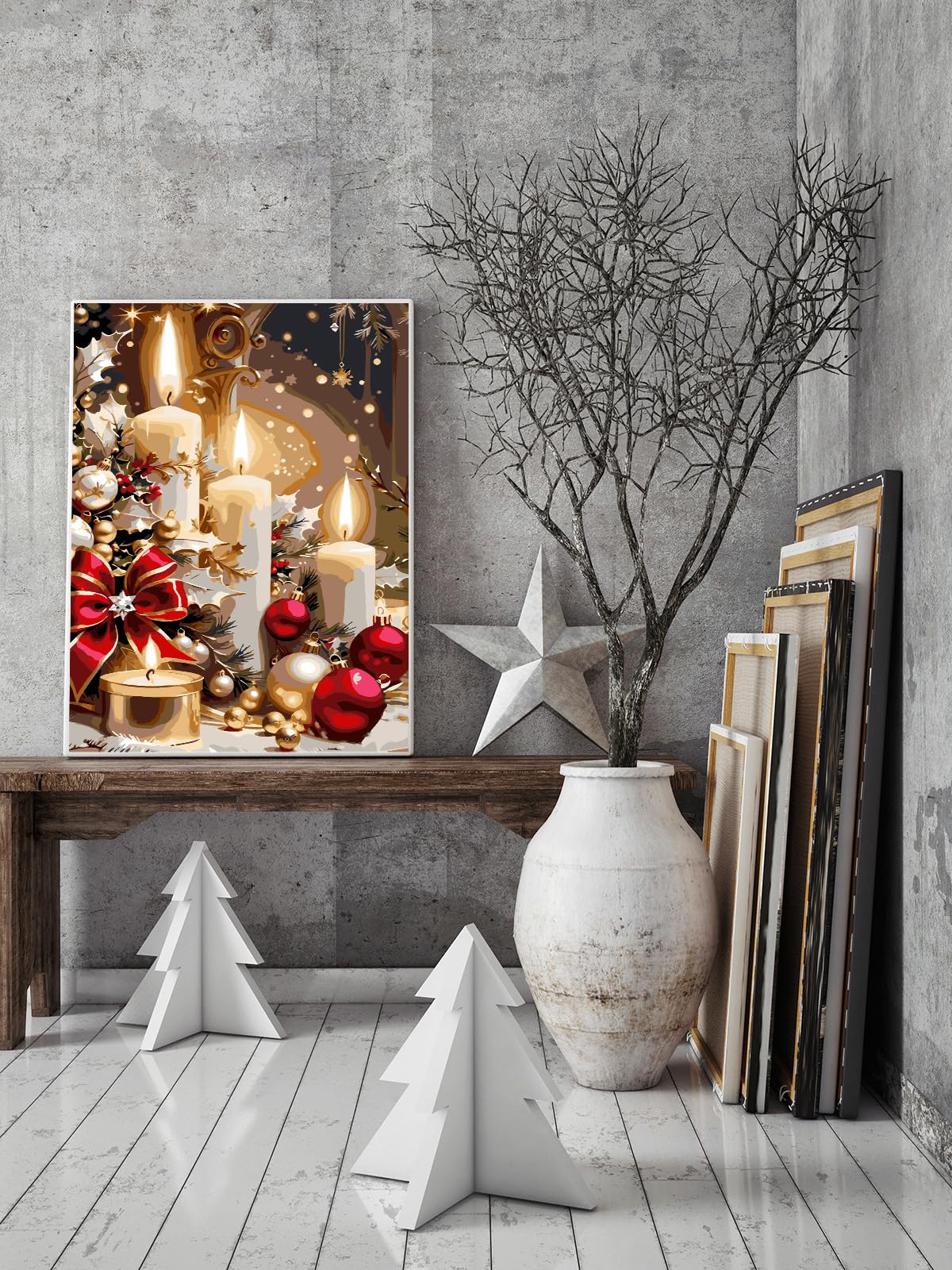 AREOPNMG Christmas Candles Paint by Numbers Kit for Adults Beginner DIY Winter Painting by Numbers Kits,with 3 Brushes and Acrylic Paint(Without Frame), Home Wall Decor 12 x 16 in AREOPNMG