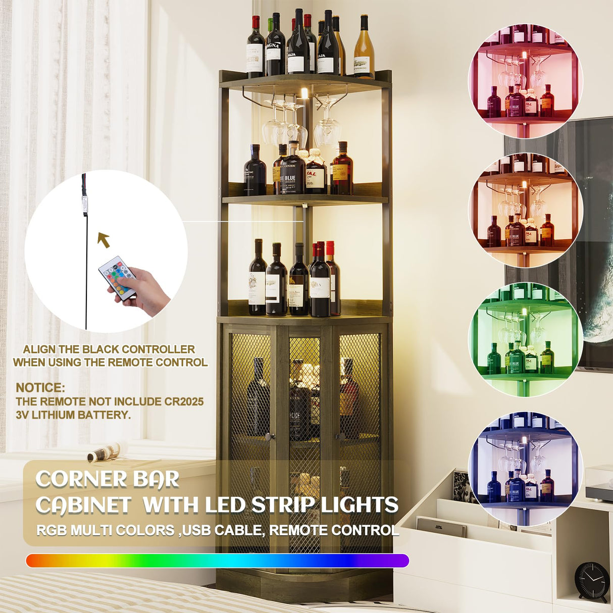 EOYUTLLY Corner Bar Cabinet with Power Outlet and LED Strip, 5-Tier Corner Liquor Wine Display Cabinet for Home, Storage Solution, for Living Room, Kitchen, Home, Gray EOYUTLLY
