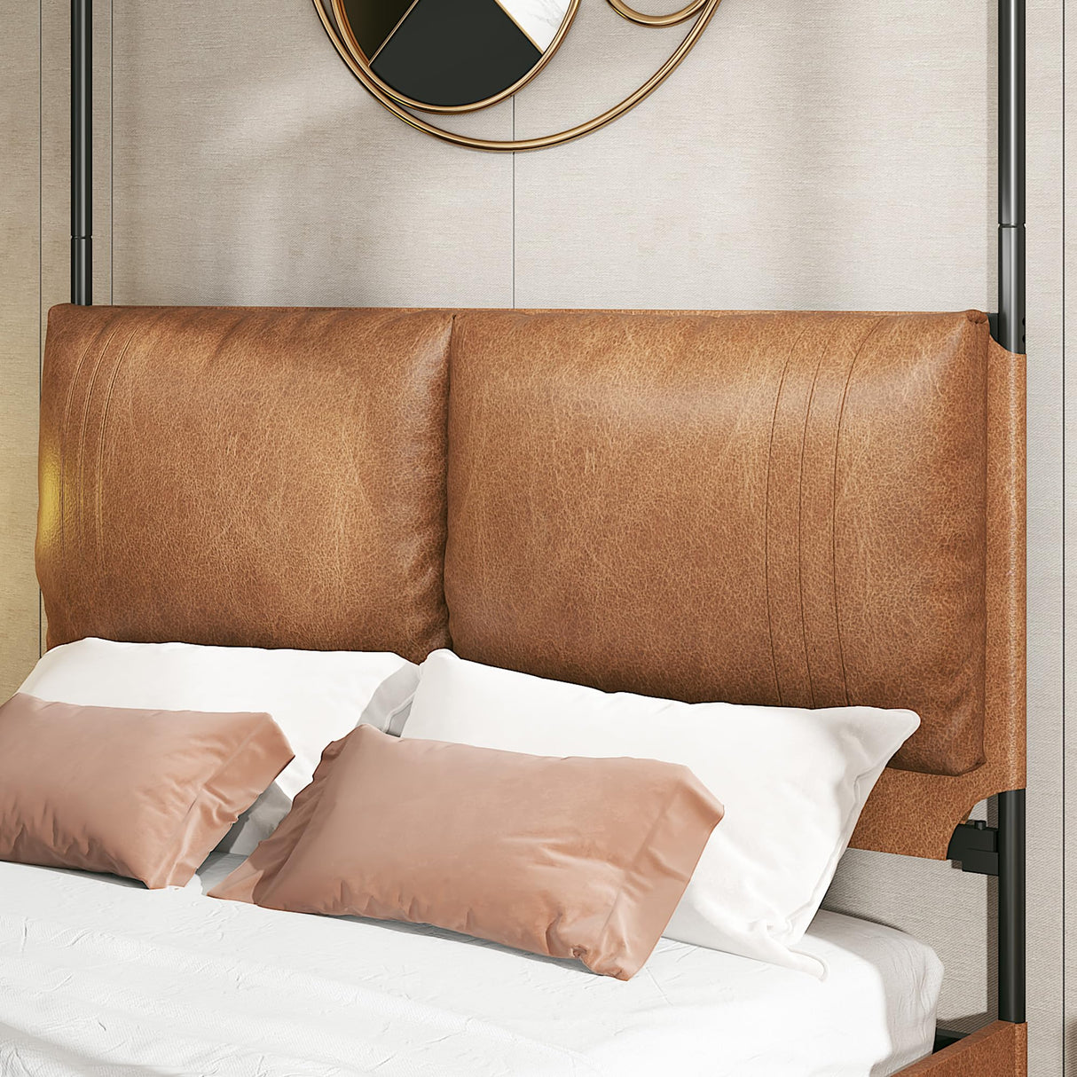 PAUKIN Canopy Bed Frame Queen Size with Upholstered Headboard, Sturdy and Stable, Easy to Assemble, Metal Bar Support, no Spring Mattress Required. (Brown, Queen) PAUKIN