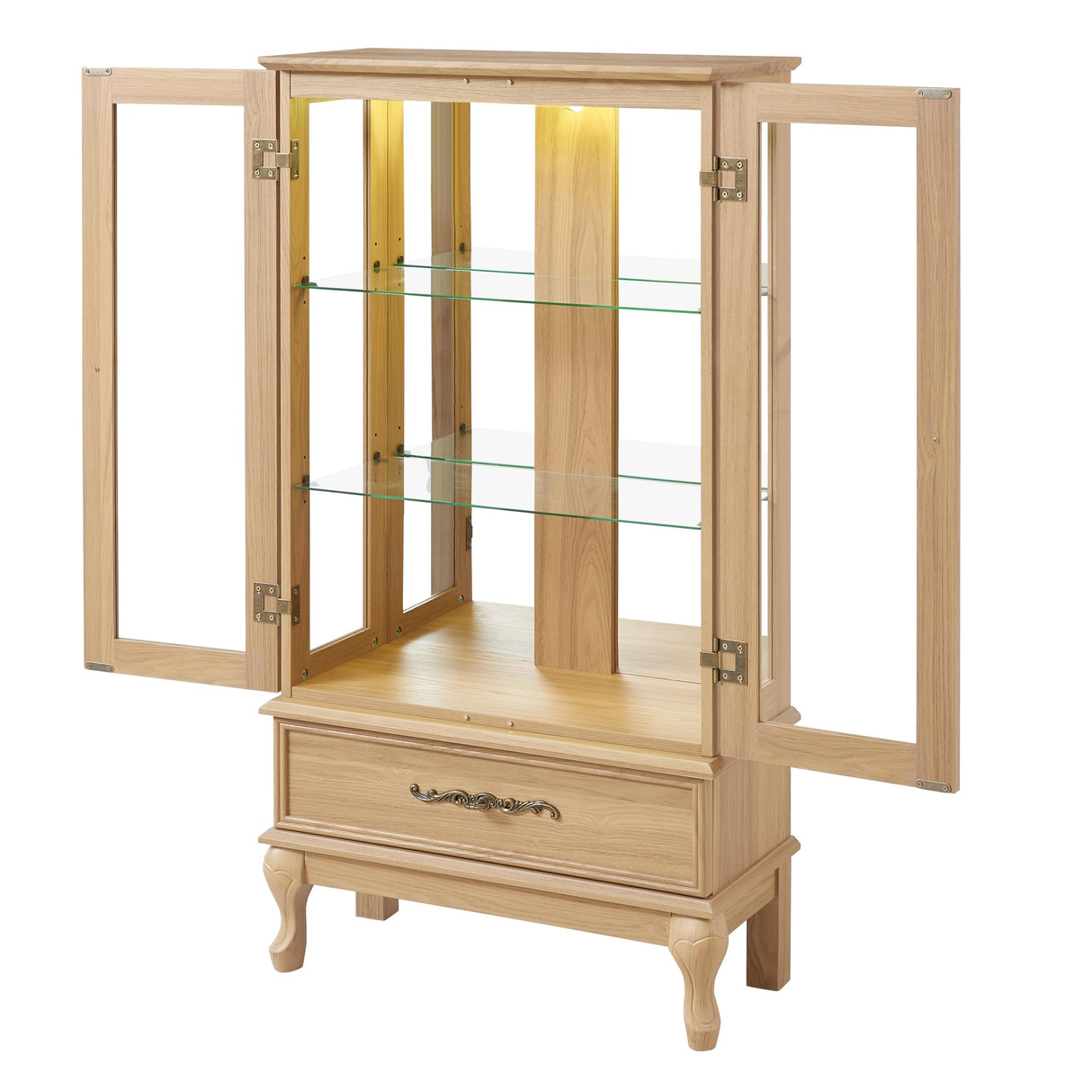 Lighted Curio Cabinet - Elegant Glass Display Cabinet with Adjustable Shelves, 2 Doors, and 1 Drawer - Wine Storage Sideboard with Included Bulb - Light Oak Finish Havemies