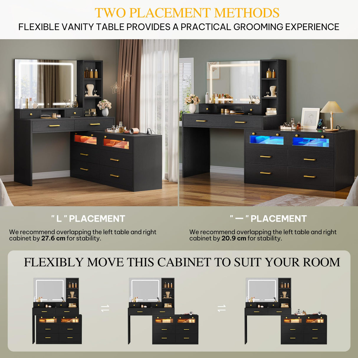 DWVO Vanity Desk with Mirror and Light, 65" Makeup Mirror Table Set with 3 Lighting Modes Adjustable, Large Makeup Dressing Vanity Table with Charging Station, 10 Drawers and 4 Storage Shelves, Black DWVO