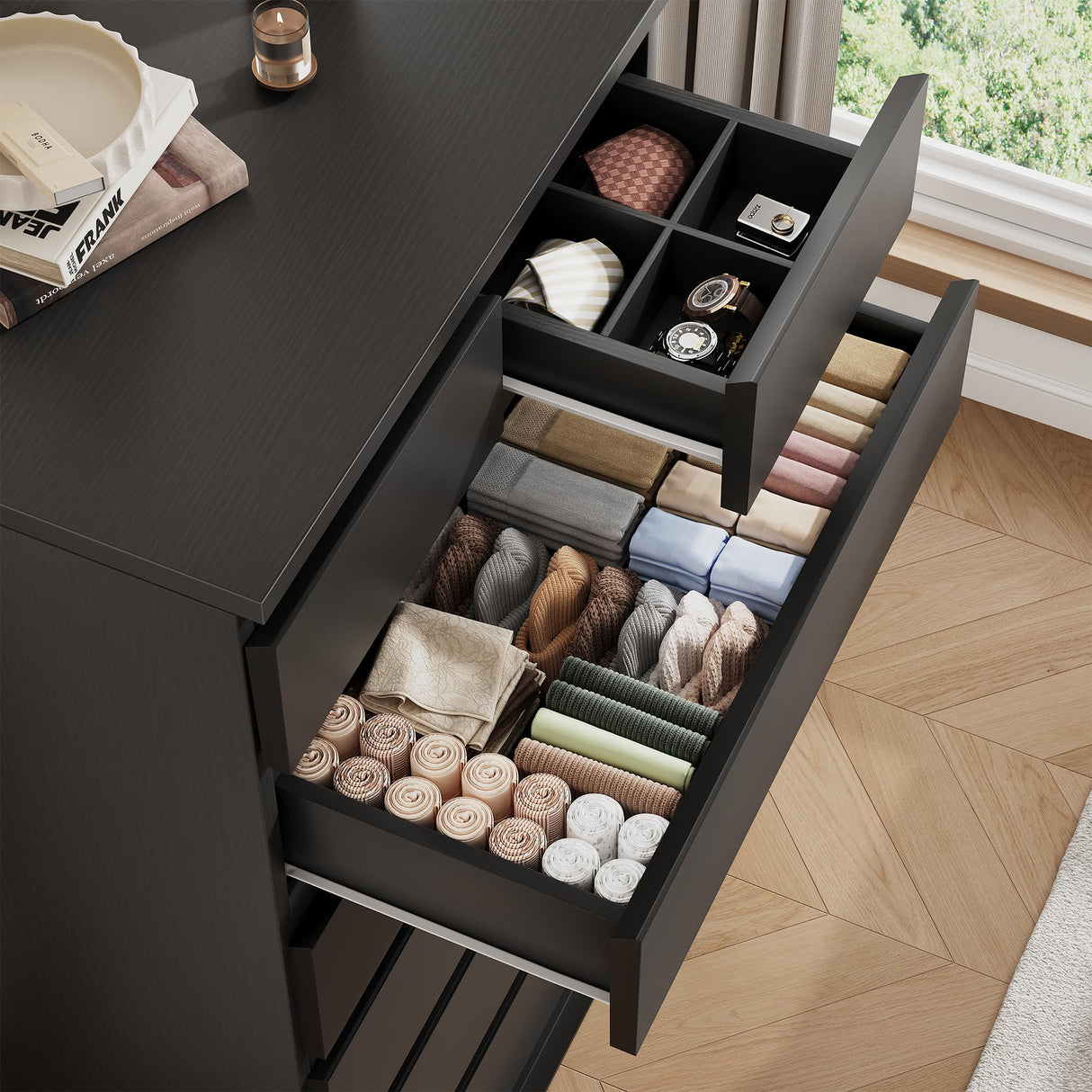 Black Tall 7 Drawer Dresser for Bedroom, Modern Wood Closet Dressers & Chests of Drawers with Jewelry Storage, 23.6" L*15.8" W*47.5" H in Large Vertical Dresser for Bedroom, Living Room, Nursery Jocoevol