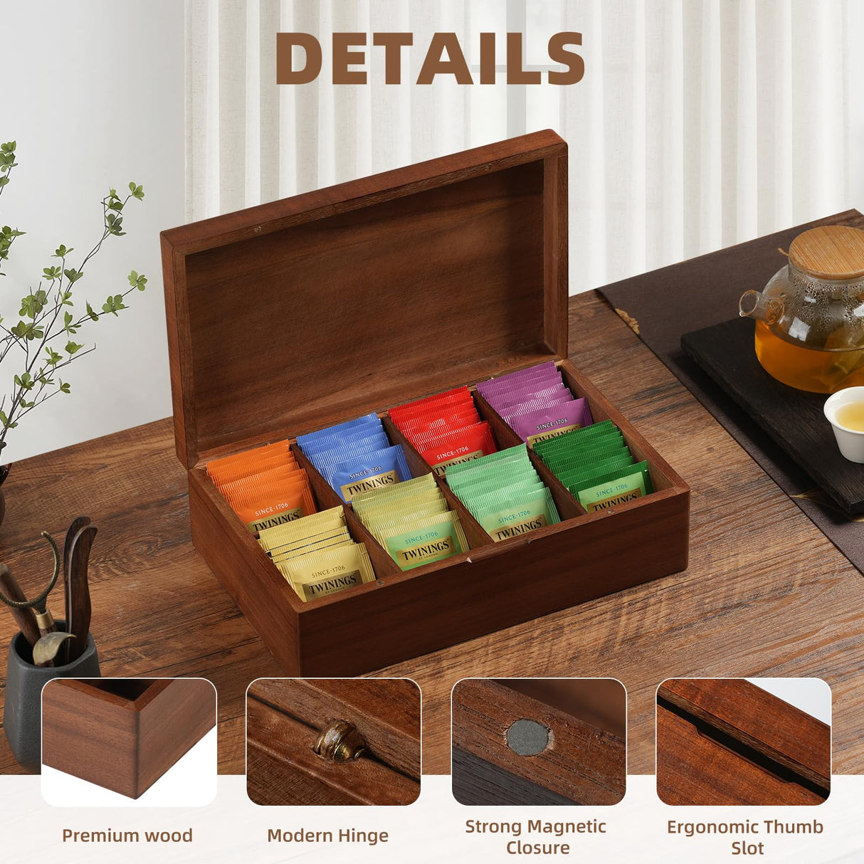 Acacia Wood Tea Bag Organizer, 8 Compartments Tea Box Organizer Storage Box, Tea Box for Tea Bags Chest, Tea Bag Holder with Magnetic Lid for Beverage Supplies, Sugar, Sweeteners, Individual Packets VOSEPO