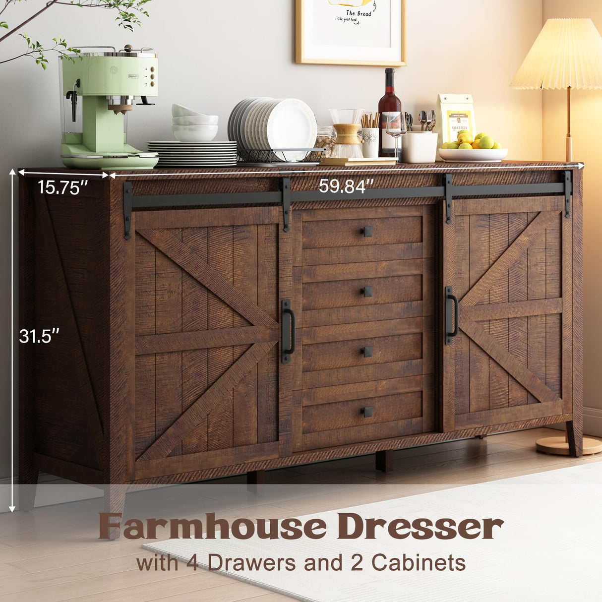 GlouMod Farmhouse Dresser for Bedroom, 60" Long Dresser with 4 Drawers & Sliding Barn Door, Wide Wood Dresser, Tall TV Stand for Living Room, Buffet Cabinet with Storage Chest, Brown GlouMod