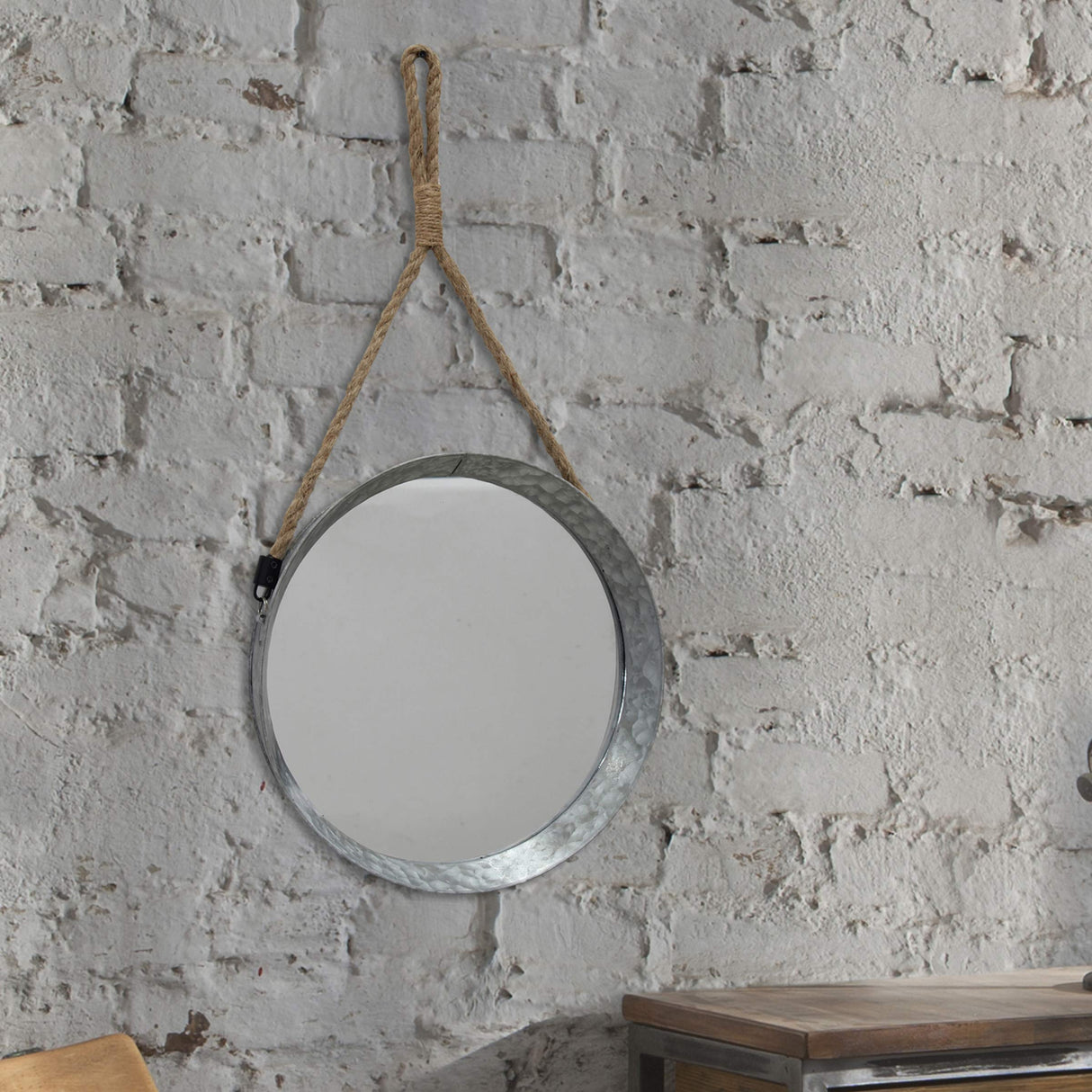 Stonebriar Rustic Round Galvanized Metal Mirror with Rope Hanging Loop ; Farmhouse Home Decor ; For Bathroom, Bedroom, and Living Room, 11.9", Grey Stonebriar