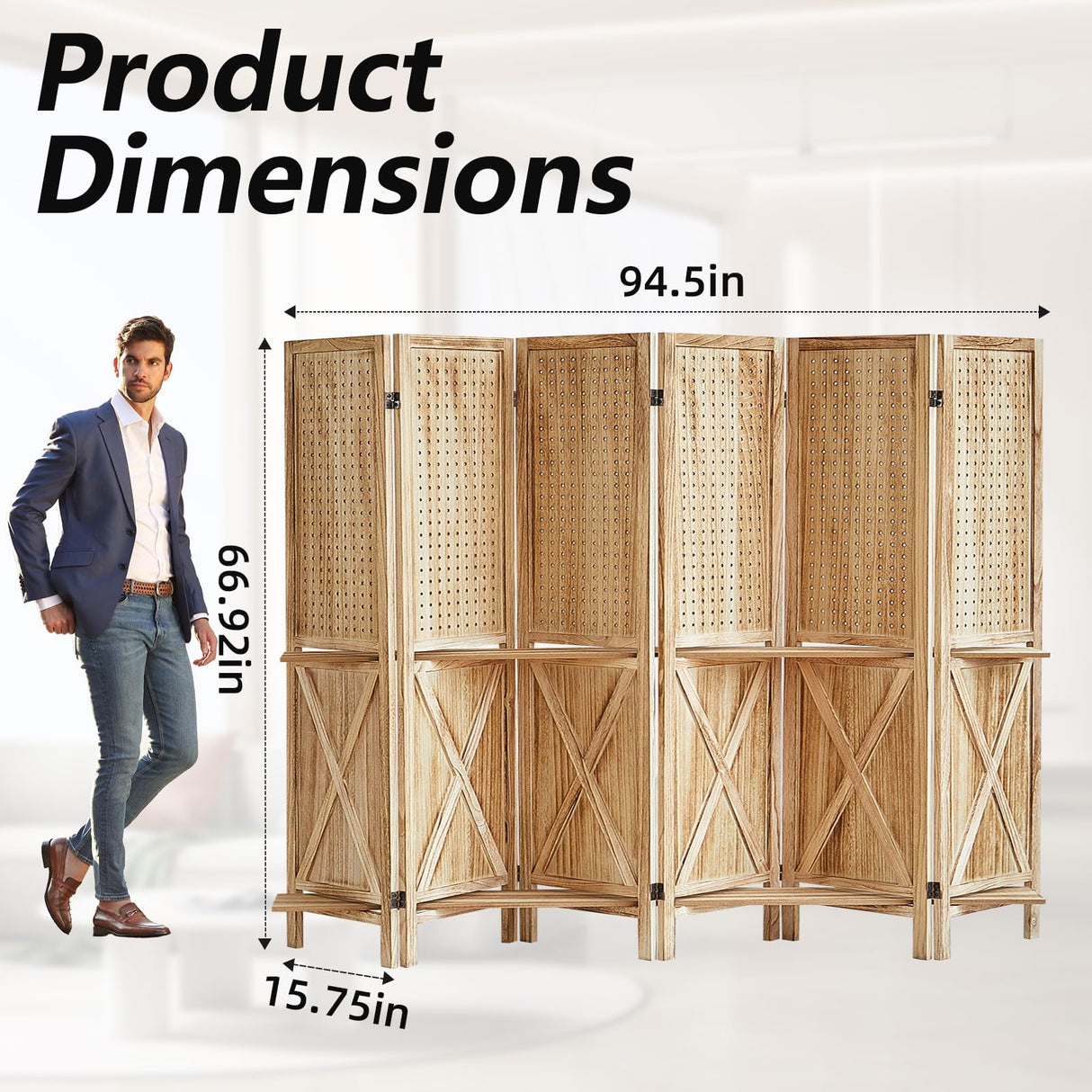 Aletheiawu 6 Panel Room Divider with Shelves, Wooden Pegboard Room Dividers, 5.6Ft Room Partitions and Dividers, Room Divider Panel with 24 Hooks for Bedroom, Study, Shop, Natural Color Aletheiawu