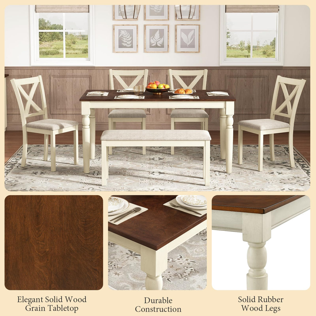 AMERLIFE 6-Piece Farmhouse Dining Table Set, 60” Solid Wood Table, 4 Upholstered Chairs and Bench, Rustic White and Walnut Finish, Seating for 6, for Kitchen or Dining Room AMERLIFE