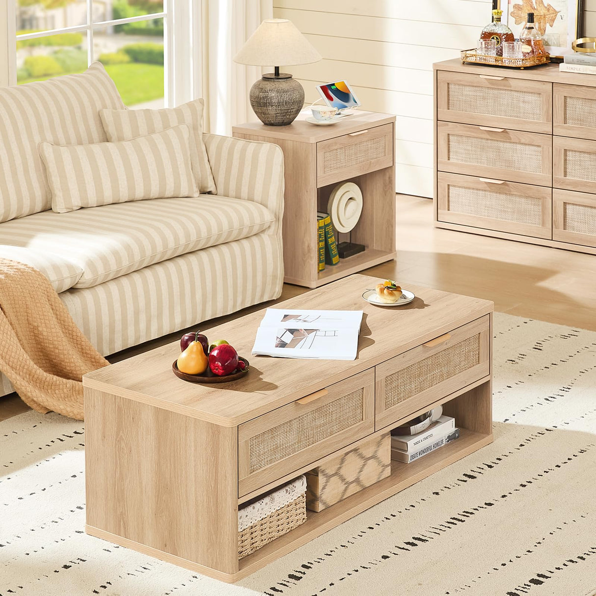 LEYAOYAO 48" Farmhouse Boho Rattan Coffee Table with 2 Woven Drawers,Rectangular Coffee Tables with Hidden Storage Compartment,Curved Profile Design,Wooden Center Table for Living Room,Natual Wood LEYAOYAO