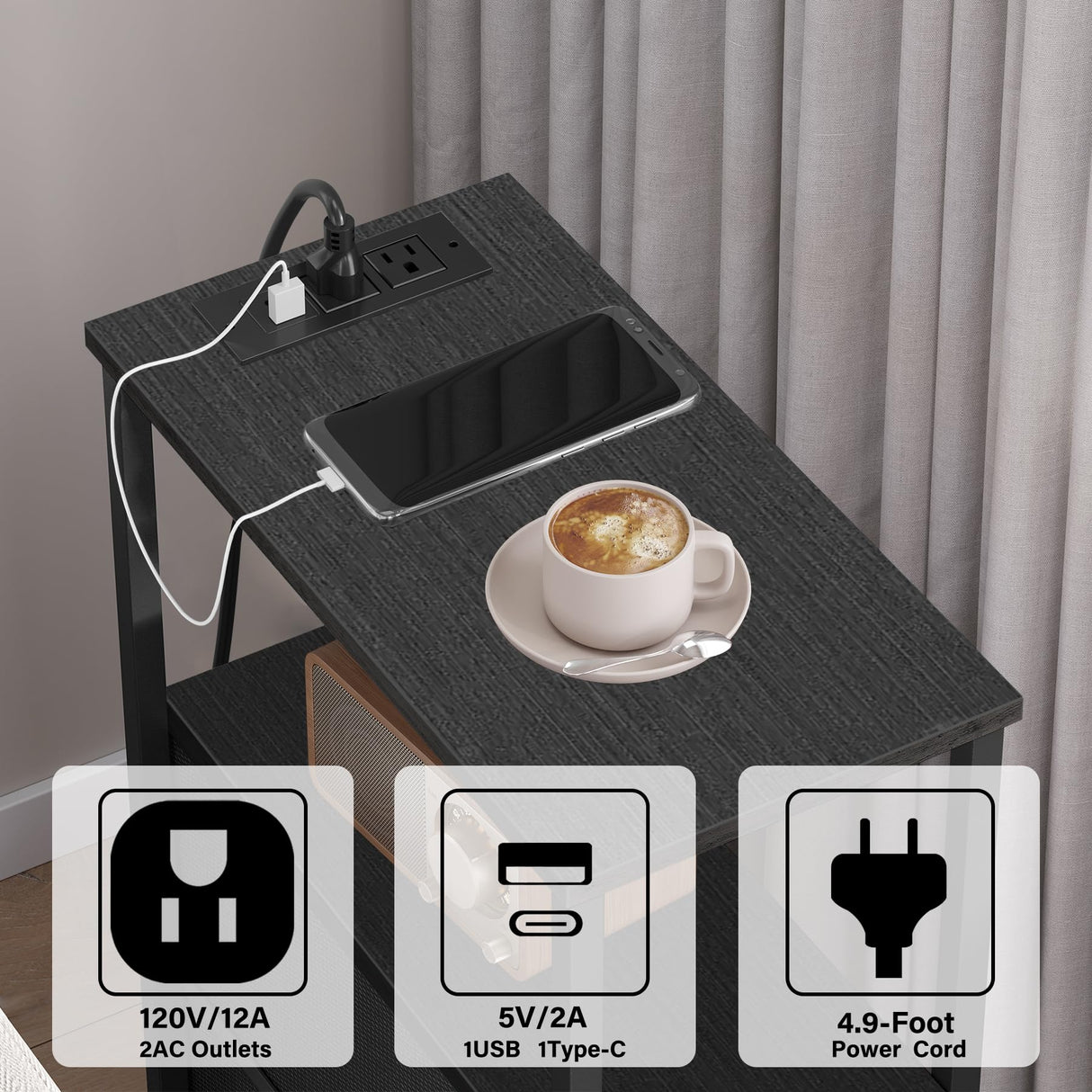 TUTOTAK Small Narrow LED End Table with Charging Station, Side Table Outlets, Nightstand with Cloth Drawer, Set of 2, Couch Table, for Living Room, Bedroom, Bedside, Black TB01BK059 TUTOTAK