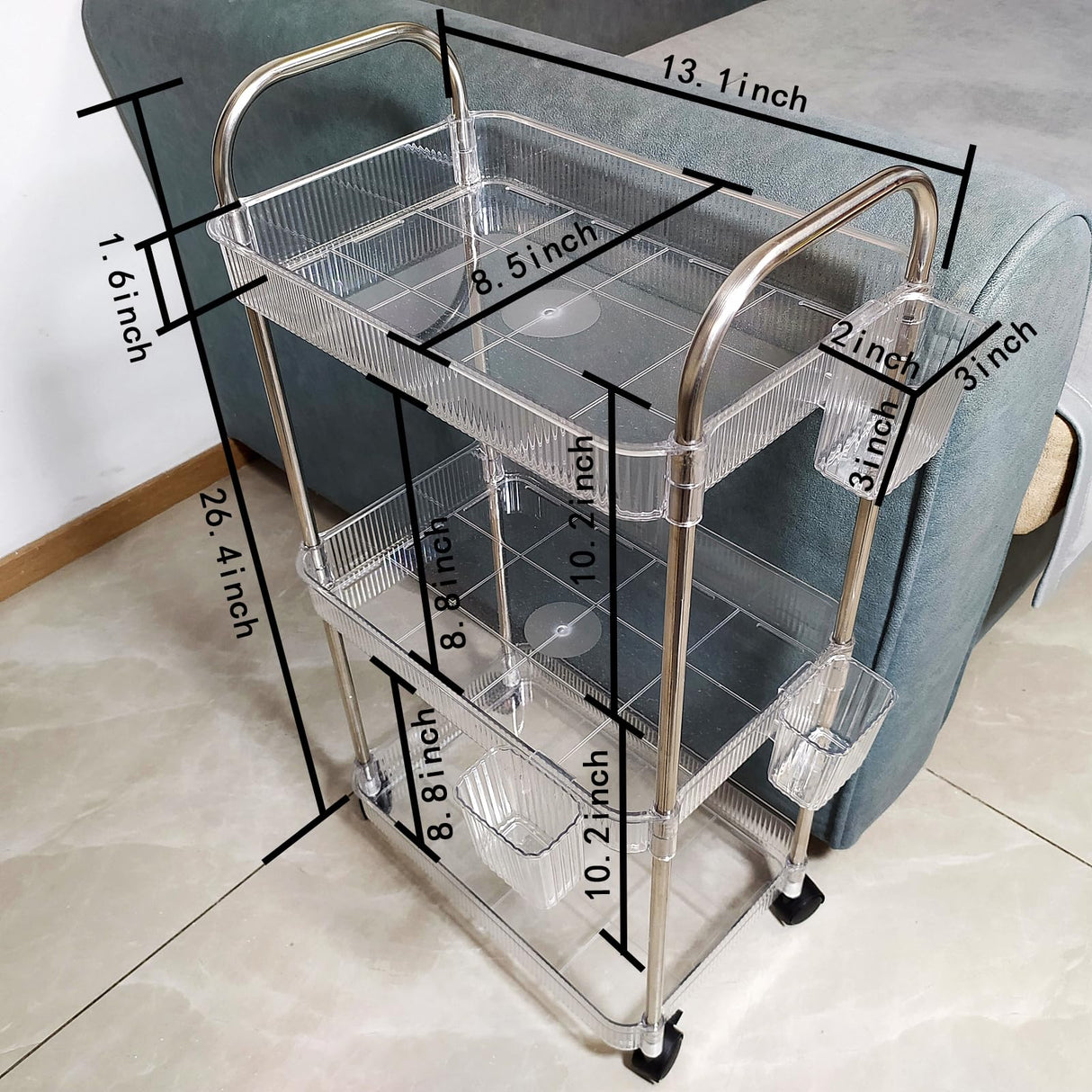TENBOAT Narrow Places 3 Tier Transparent Bathroom Rolling Storage Cart Clear Toilet Side Storage Shelf Tight Spaces Organizer Rack Mobile Shelving Unit with Wheels Utility Cart (Mini Size) TENBOAT