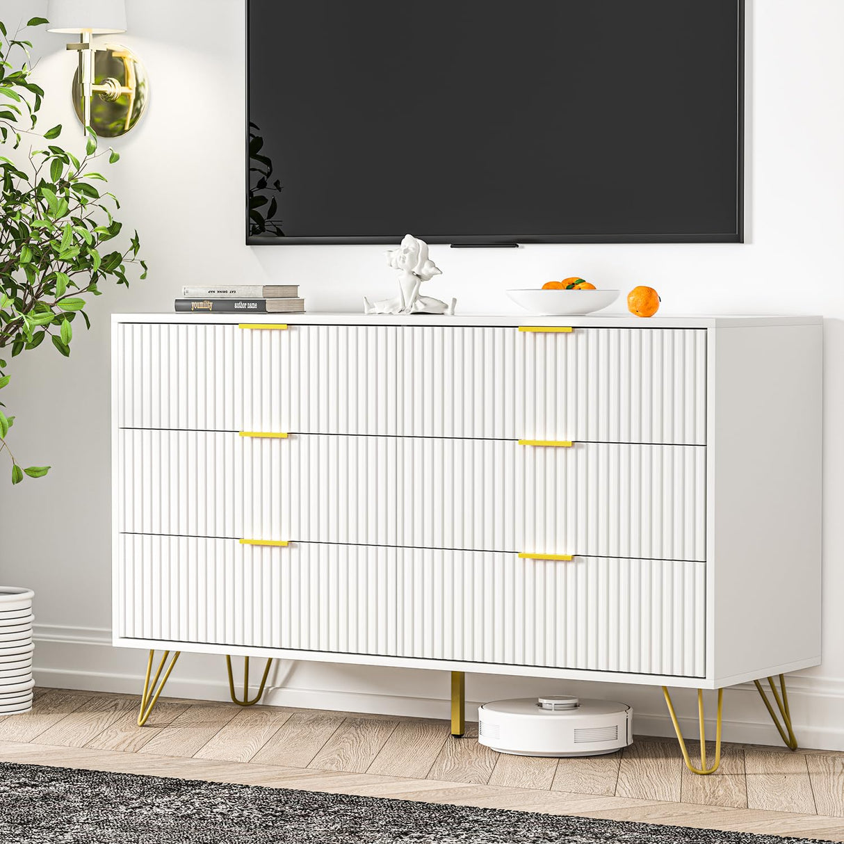 FURNIWAY White Dresser, Modern 6-Drawer Dresser for Bedroom with Gold Handles, Wide Chest of Drawers for Living Room FURNIWAY