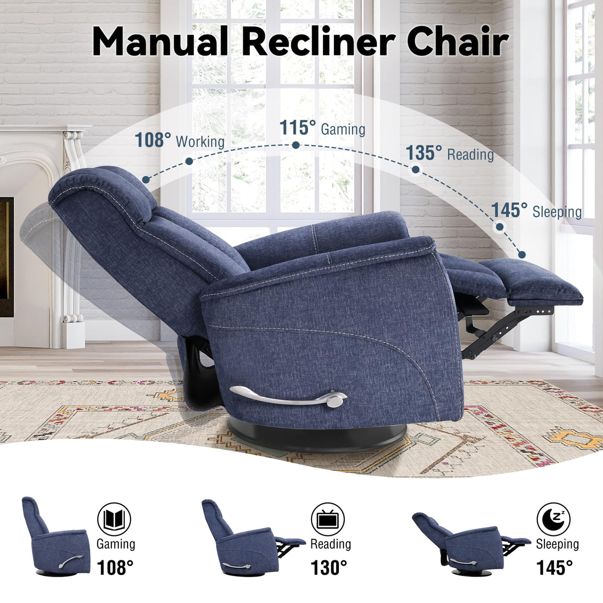 Susalt 360° Swivel Rocking Recliner, Manual Comfy Nursery Glider Rocker Chair for Indoor Bedroom, Upholstered Soft Fabric Living Room Reclining Chair with Lumbar Support for Adults (Blue) Susalt