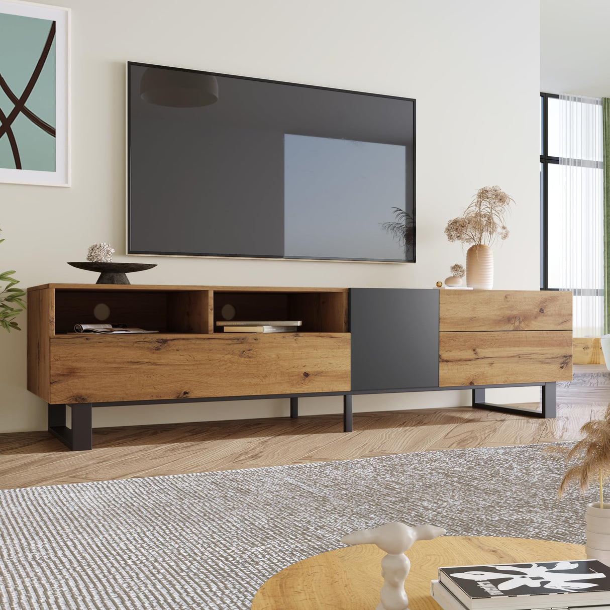 Merax Modern TV Entertainment Center with 3 Cabinets & Open Shelves, Wood TV Stand for TVs Up to 80” for Living Room Bedroo (Wood Color) Merax