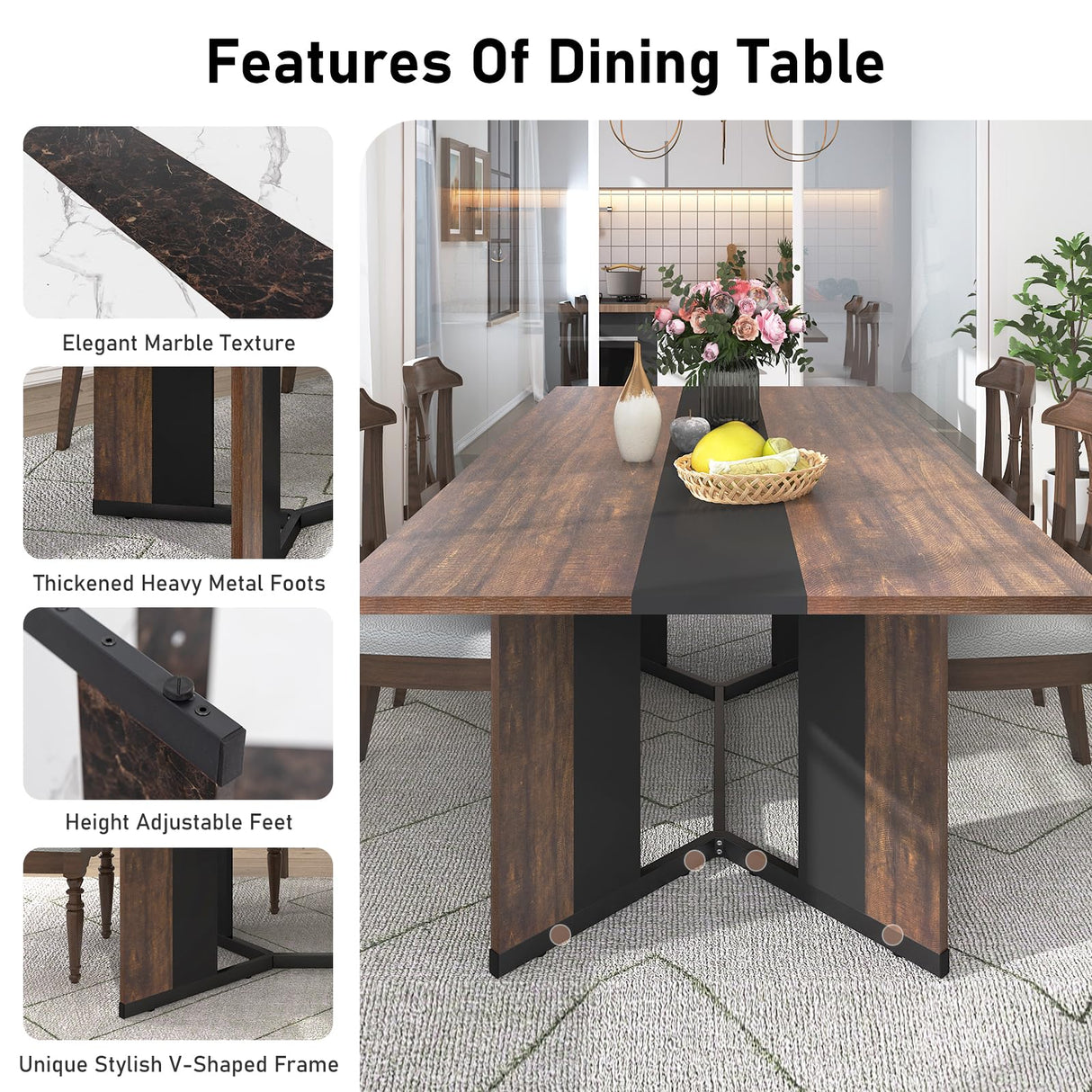 Hlivelood 71In Large Rectangular Dining Table for 4 5 6 7 8 People w/35 Marble-Color Wood Watrproof Brown Tabletop,Adjustable Leg.6ft Luxurious Family Dinner Table for Office Kitchen Living Room Hlivelood