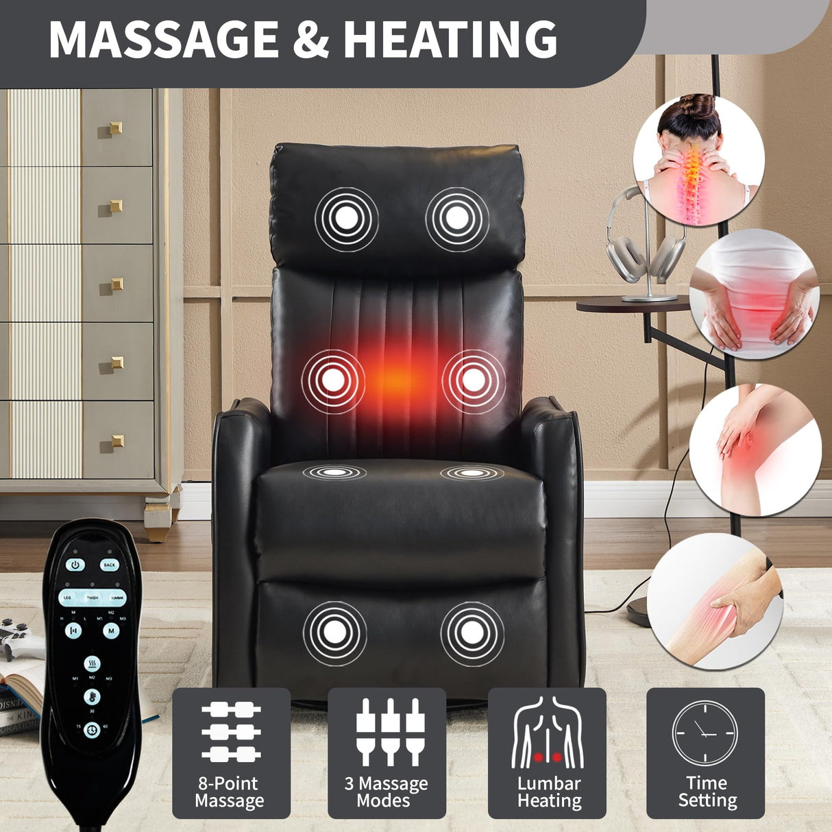 PELUMY Recliner Chair Swivel Rocking with Heat Massage - 360° Manual Recliner, 8-Point Vibrating & Lumbar Heat, Easy Assembly Chair for Living Room (Breathable Leather, Black) PELUMY