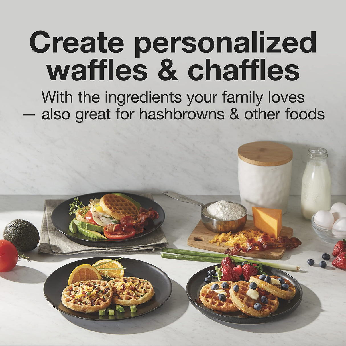 Proctor Silex Double Mini Waffle Maker Machine with 4” Round Non-stick Grids, Makes 2 Personalized Individual Breakfast Keto Chaffles and Hashbrowns, Compact, Black (26102) Proctor Silex