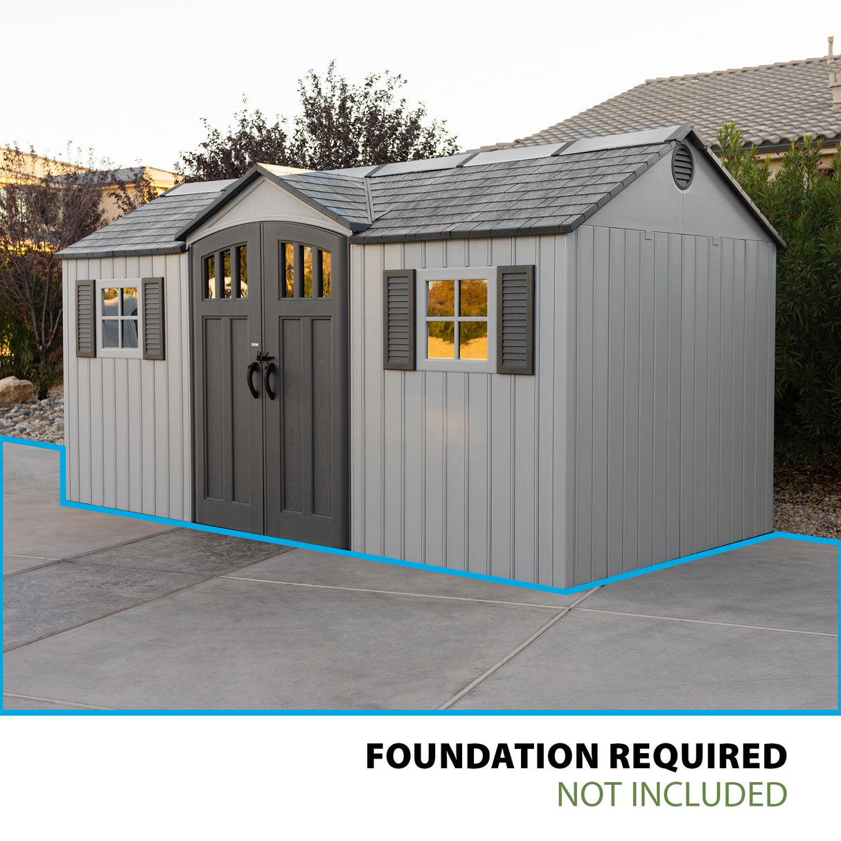 Lifetime Outdoor Storage Shed, 15x8 Ft, Gray, Resin Backyard Tool Shed with Lockable Doors and Weather-Resistant Panels Lifetime