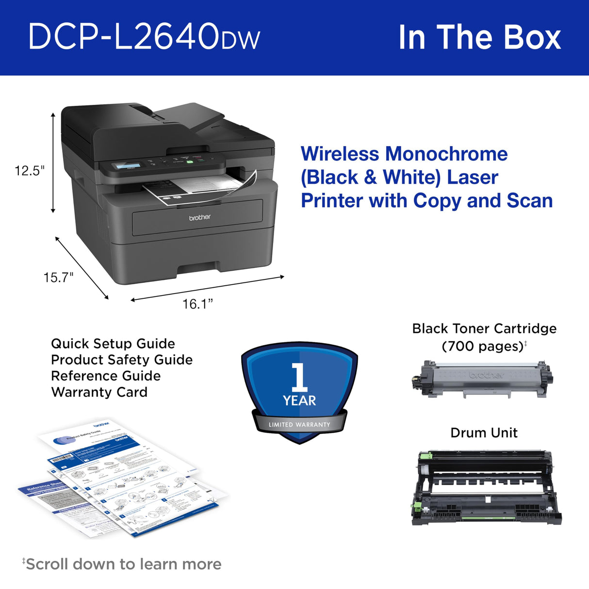 Brother DCP-L2640DW Wireless Compact Monochrome Multi-Function Laser Printer with Copy and Scan, Duplex, Mobile, Black & White | Includes Refresh Subscription Trial(1), Amazon Dash Replenishment Ready Brother