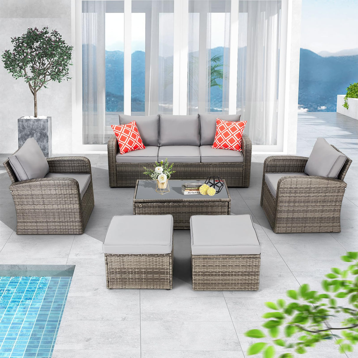 HOMREST 6 Pieces Patio Furniture Sets, All Weather Wicker Patio Conversation Sets with Storage Glass Coffee Table, Outdoor Sectional Sofa w/Ottomans, Cushions & Pillows for Garden, Lawn, Balcony HOMREST