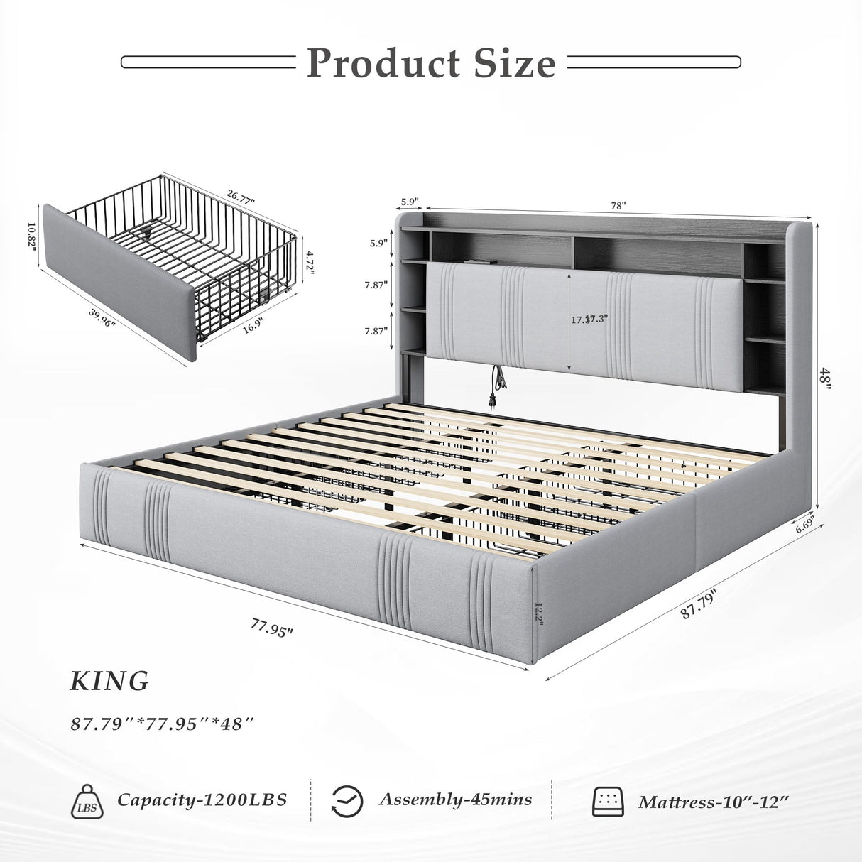 EnHomee King Size Bed Frame with 4 Storage Drawers, Upholstered Platform King Bed Frame and Headboard, King Bed Frame with LED Lights & Charging Station, Noise Free,No Box Spring Needed,Beige, Grey EnHomee