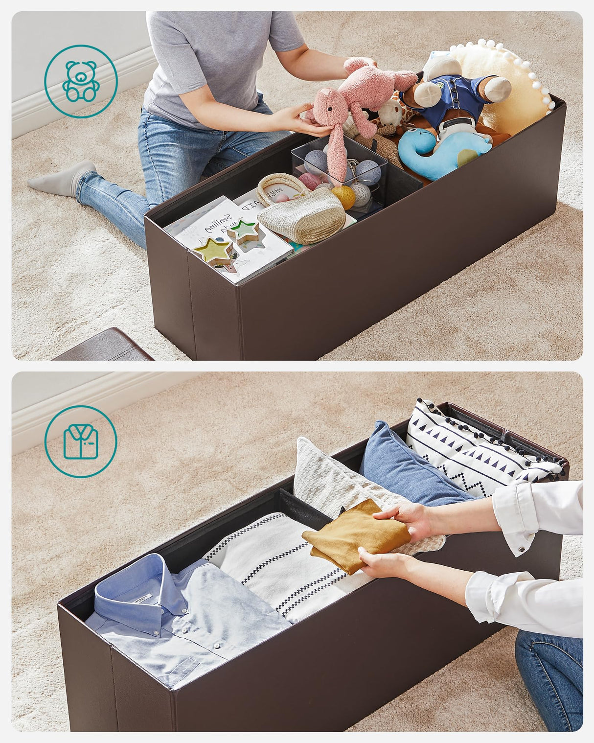 SONGMICS 43 Inches Folding Storage Ottoman Bench, Storage Chest, Footrest, Coffee Table, Padded Seat, Faux Leather, Holds up to 660 lb, Brown ULSF703, L(15 x 43 x 15 Inches) SONGMICS