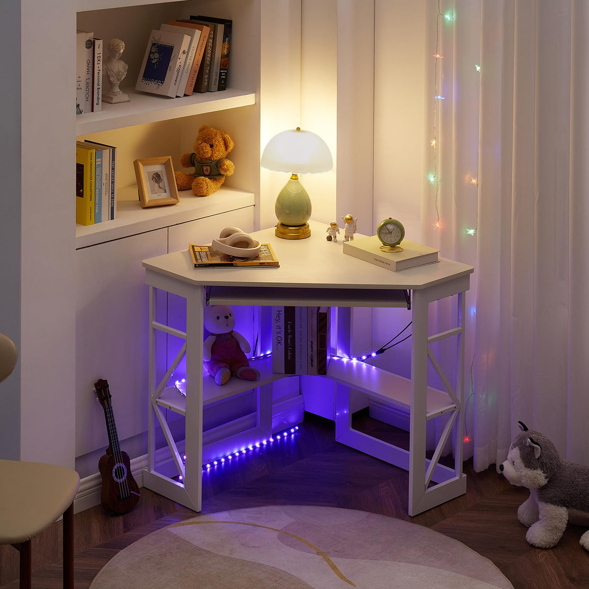 VECELO Corner Computer Desk 41 x 30 inches with Smooth Keyboard & Storage Shelves for Home Office Workstation, White VECELO