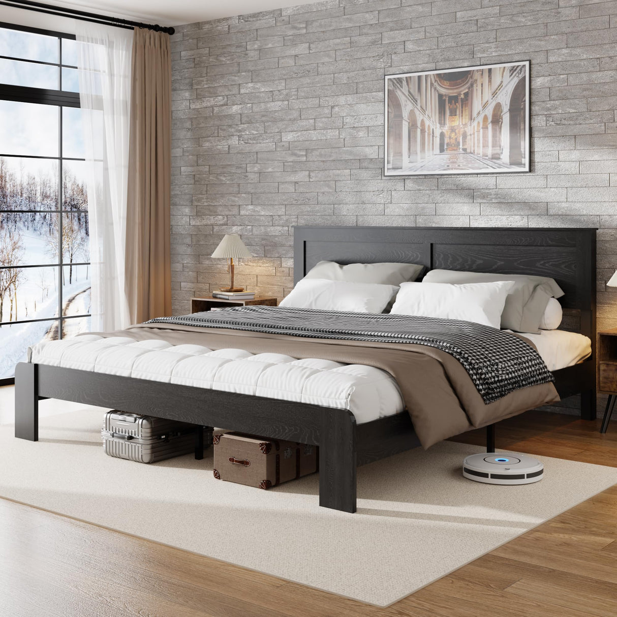 USHOW Wooden Bed Frame King Size with Headboard, Rustic Farmhouse Bedframe with Wood Slat Support, No Noise, No Box Spring Needed, Easy Assembly, Black USHOW