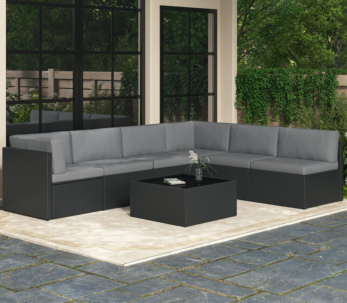 AECOJOY 7 Piece Outdoor Patio Furniture Set, Outdoor Sectional Conversation Furniture Chair with Coffee Table,Patio Sectional for Garden,Backyard(Grey Cushions and Black PE Rattan) AECOJOY