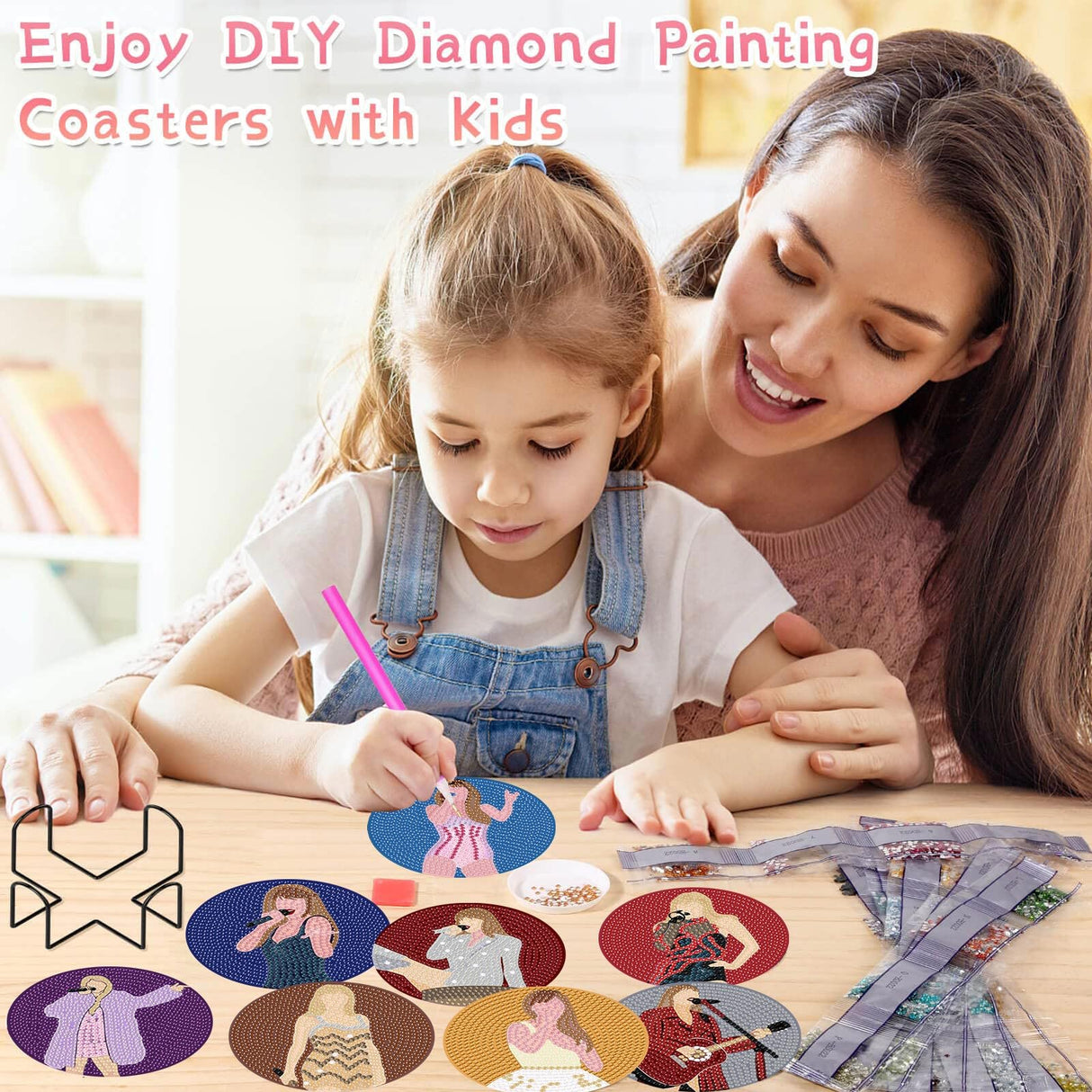Clendo Pop Star Diamond Painting Coasters Kits for Adults, 8PCS Pop Diamond Art Coaster Kits with Holder, Small Diamond Painting Kits for Adults & Kids Art Craft Supplies, Bdwy041 Clendo