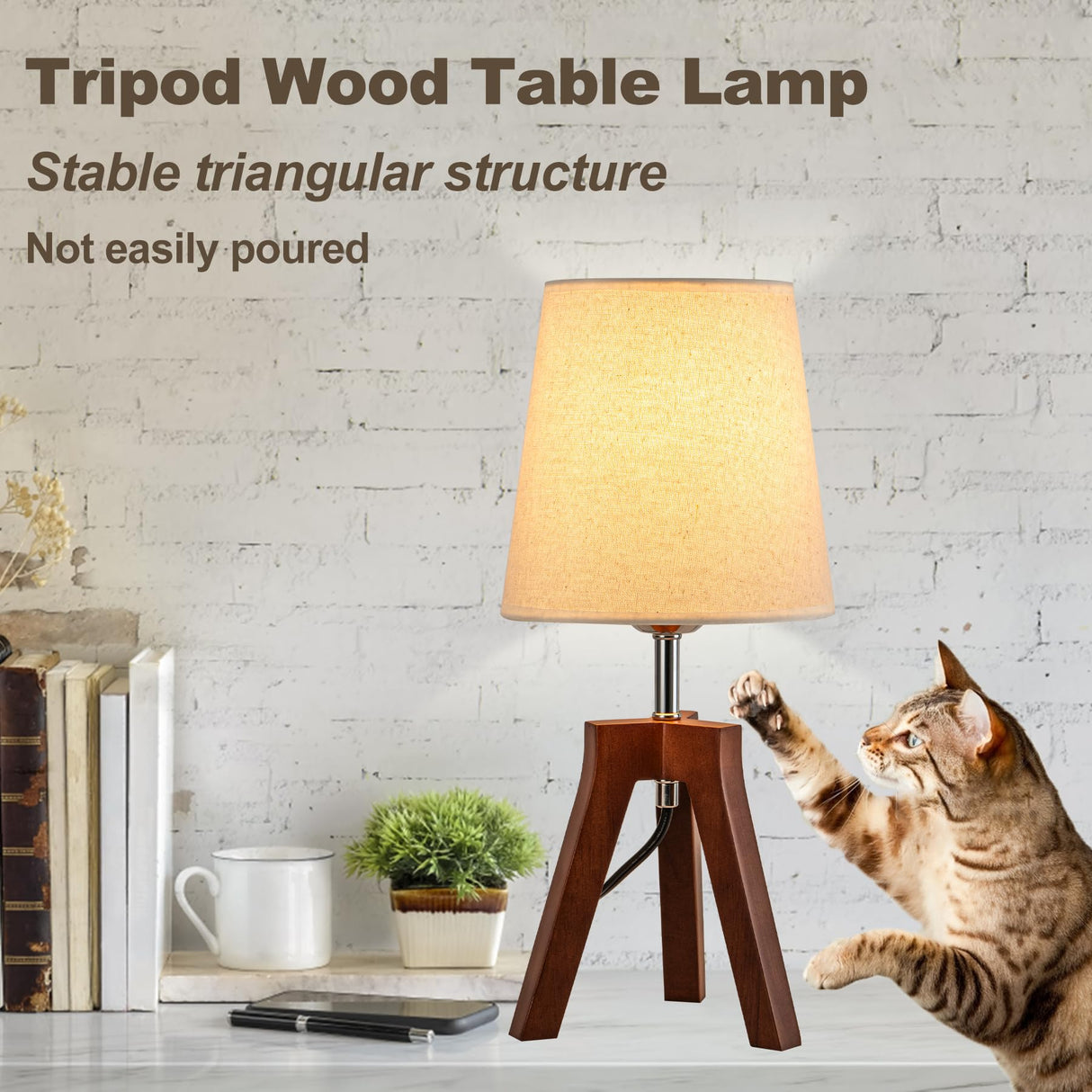Dreamholder Wood Bedside Table Lamp, Tripod Desk Lamp with On-Off Switch, Nightstand Lamp with Fabric Shade for Reading, Bedroom, Living Room, Office, Walnut Base with Linen Shade(Without Bulb) Dreamholder