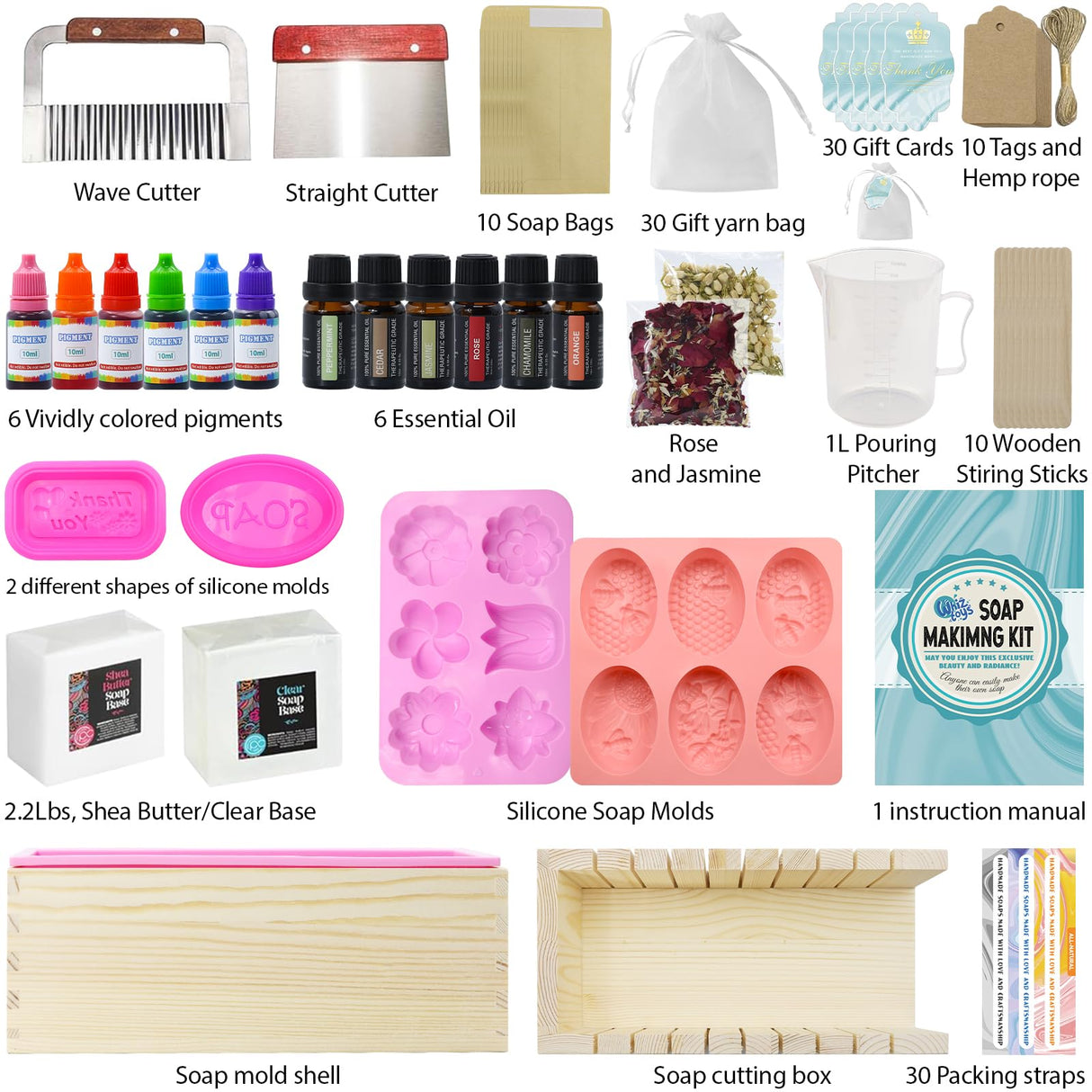 WhizToys Soap Making Kit Supplies, Crafts Kits for Adults and Kids, DIY Beginners Kit Containing Silicone Mold, Soap Cutter and Shea Butter Base, Fragrances and Gifts Cards WhizToys