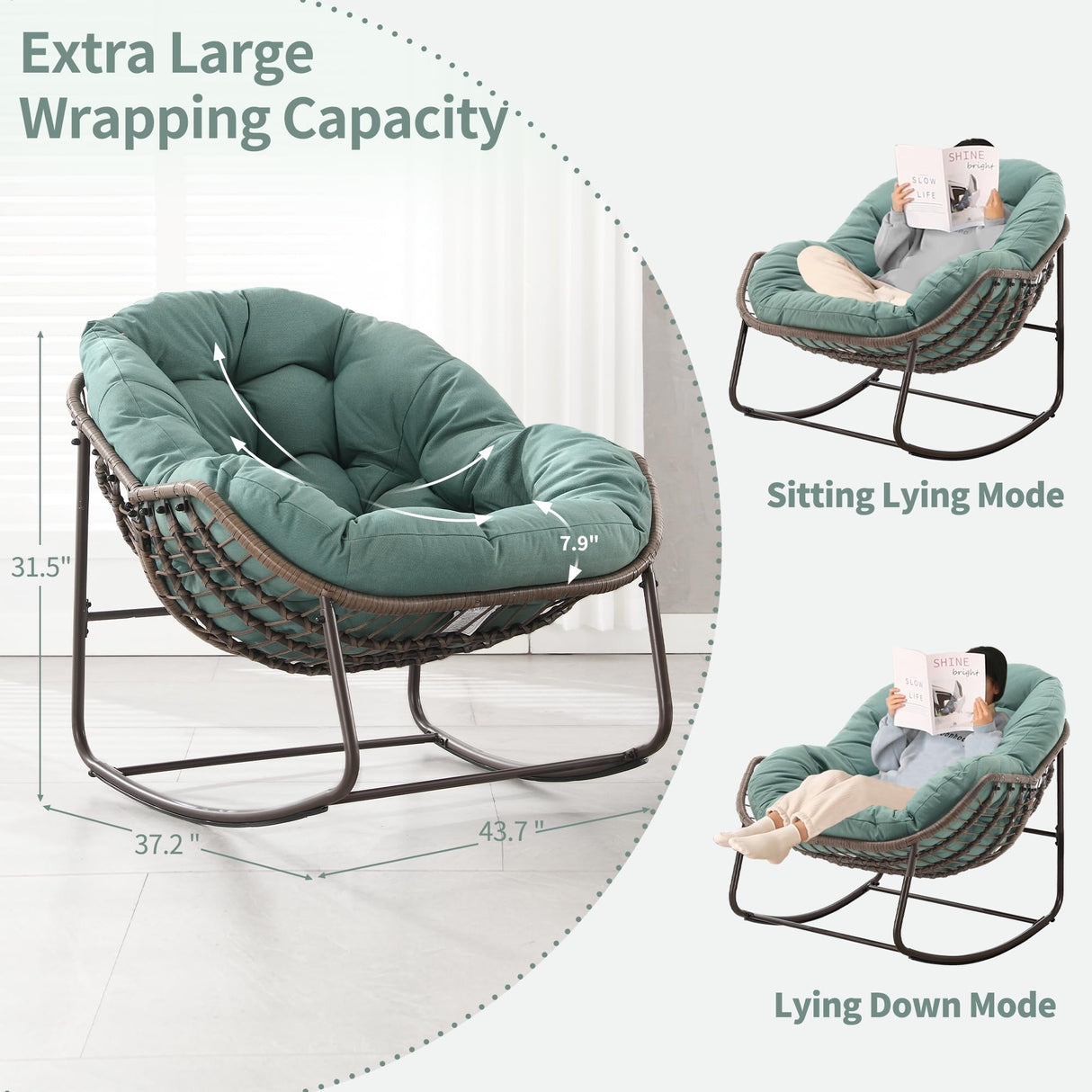 Villeston Outdoor Papasan Rocking Chair - Oversized Comfy Patio Chair Indoor Egg Royal Rattan Rocking Chair with Cushion for Front Porch Lounge Lawn Bedroom Living Room (Grass Green) Villeston