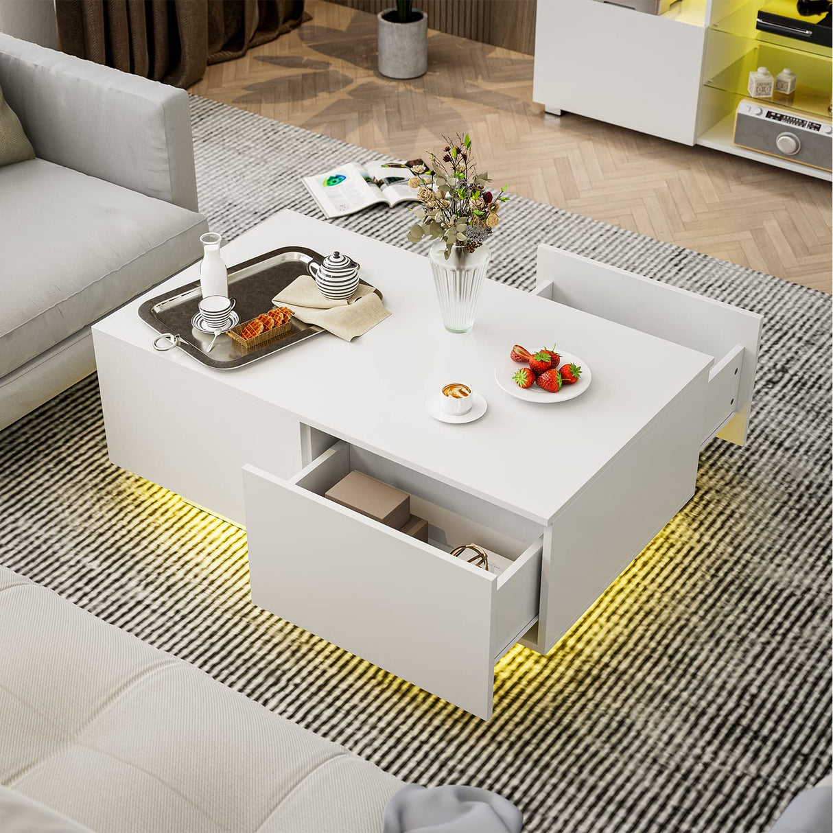IKIFLY Modern White LED Coffee Table w/4 Drawers, High Glossy Center Table with 16 Colors LED Lights for Home Living Room IKIFLY