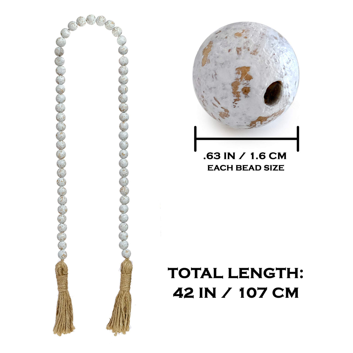 Farmhouse Wood Bead Garland Home Decor, Natural Wooden Garland for Tiered Tray, Decorative Tassel Garland for Tier Tray, Rustic Beads Centerpiece Boho Table Decor, Garland Beaded Accent White Washed MAINEVENT