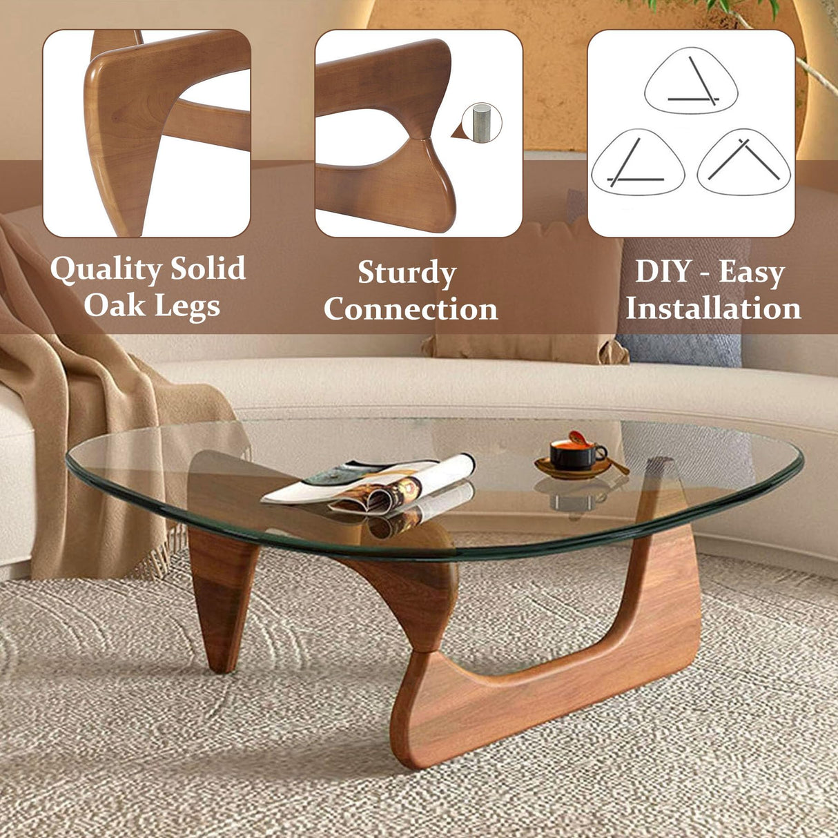 Coffee Tables for Living Room - Triangle Glass Coffee Table with Wooden Base Mid-Century Modern Abstract End Table for Study Room Office Hotel Balcony (Walnut transparent, Small 32.2 * 22.4 * 16in) PRITIY
