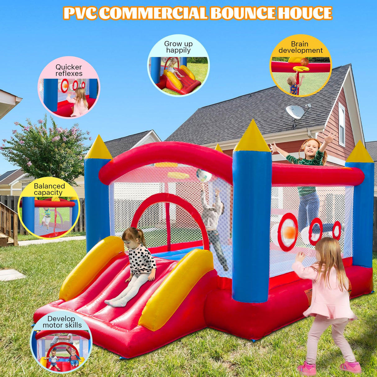 Hongcoral Bounce House, PVC Commercial Inflatable Bounce House with Blower for Kids and Adults, Blow up Bounce Castle for Indoor Outdoor Backyard Hongcoral