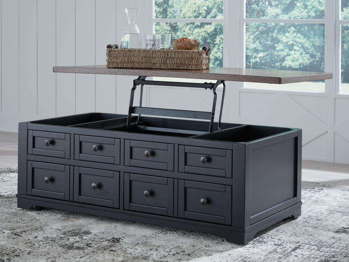 Signature Design by Ashley Wildenauer Lift Top Cocktail Table, Satin Finish Base, 2 Drawers, 2 Storage Bins, Hardwood Solids, 52" W x 28" D x 19" H, Light Brown & Black Signature Design by Ashley