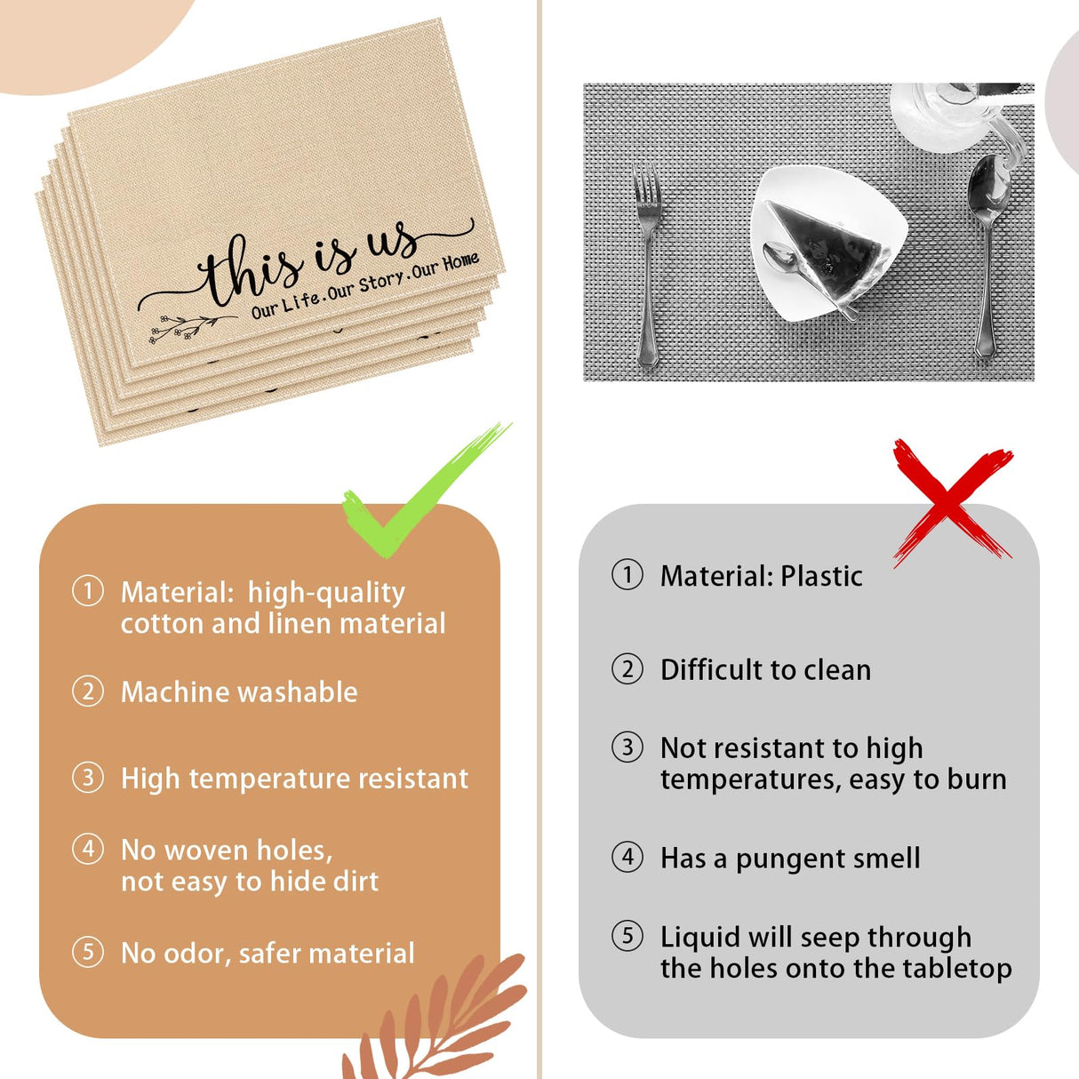 Farmhouse Placemats Set of 6 Linen Placemats 18x12'' Rustic Table Mats with Sayings Housewarming Gifts Country Tablemats Washable Cloth Place Mats for Farmhouse Table Setting(Khaki) Hahafelt