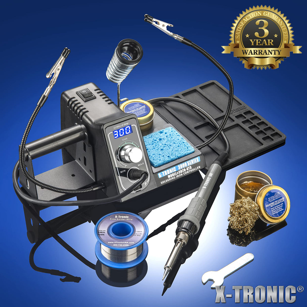 The Original X-Tronic 3020-XTS • 75W Soldering Iron Station • LED • 2 Helping Hands • Roll of Solder • Brass Sponge w/Cleaning Flux • Wet Sponge • °C/°F Conversion Switch • 10 Minute Sleep Feature! X-TRONIC